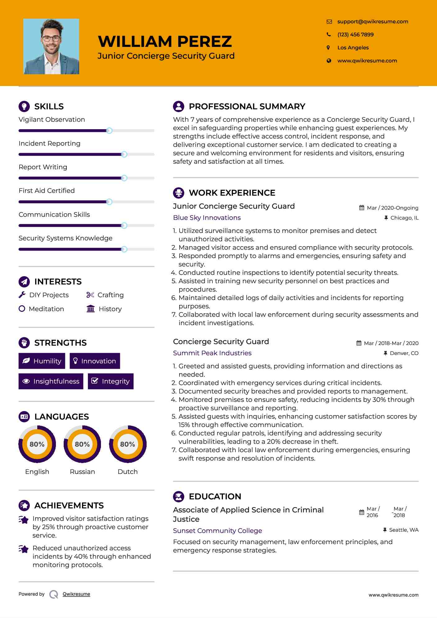 Junior Concierge Security Guard Resume Template
