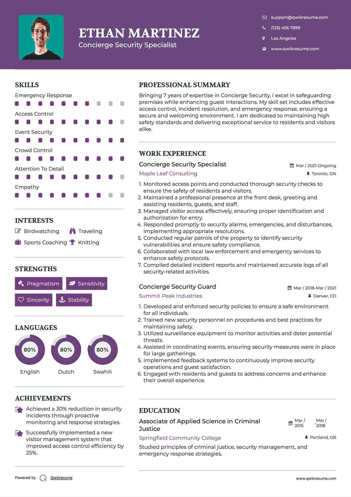 Concierge Security Specialist Resume Model