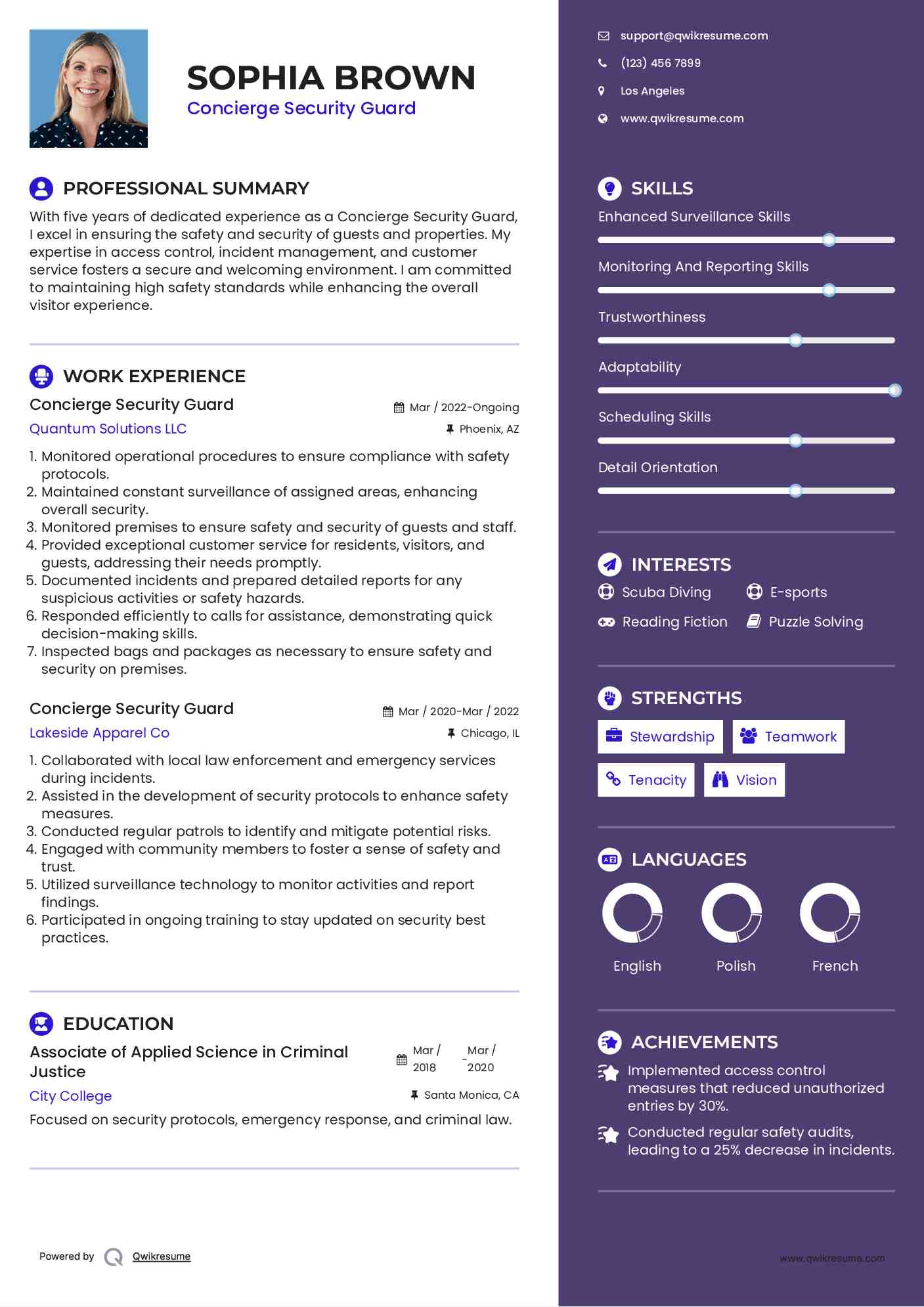 Concierge Security Guard Resume Example