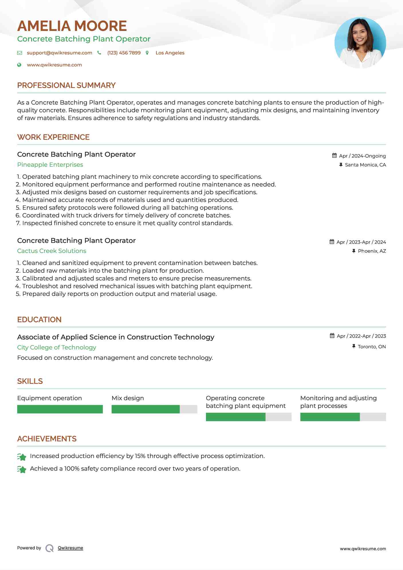 Concrete Batching Plant Operator Resume Sample
