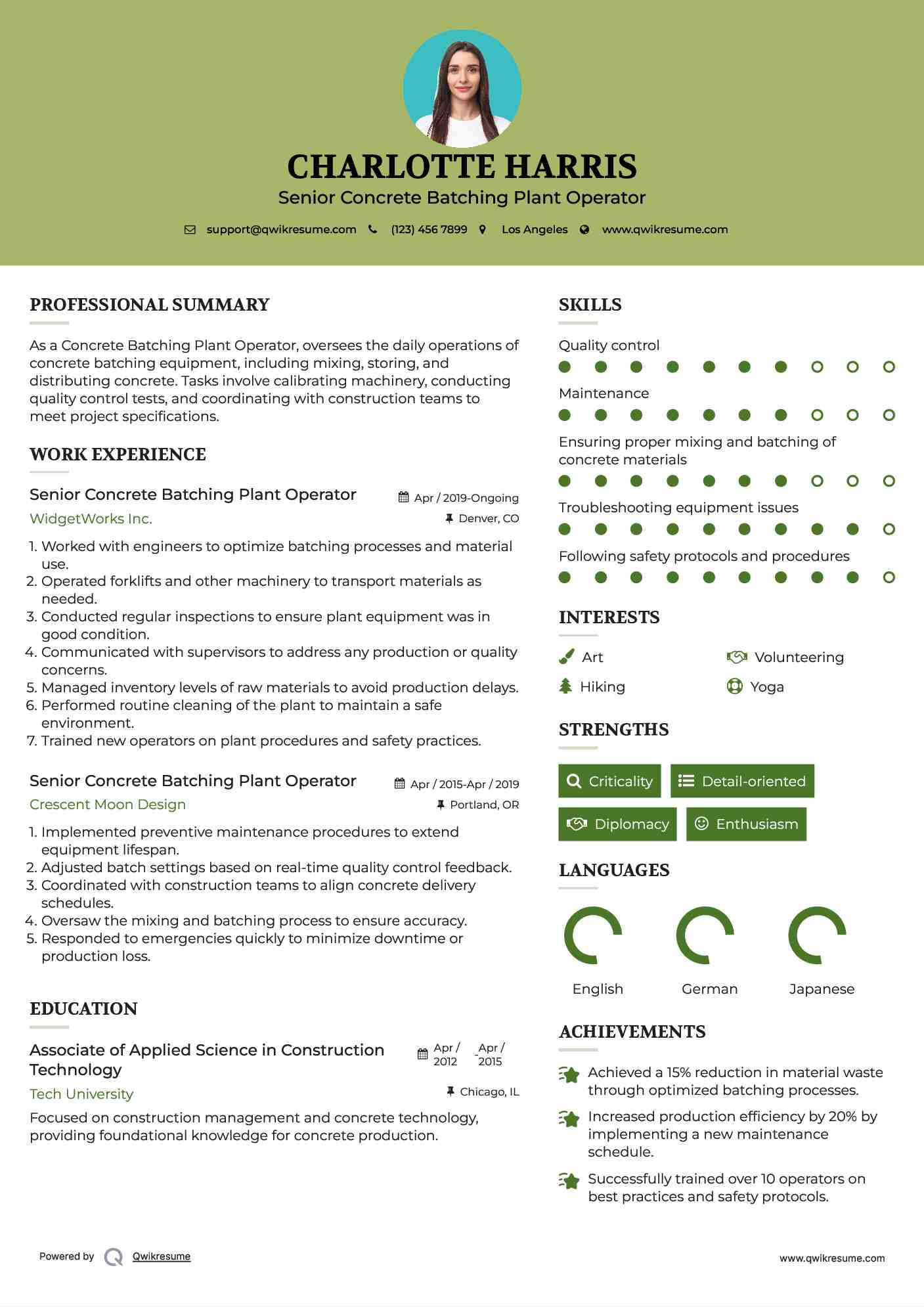Senior Concrete Batching Plant Operator Resume Model