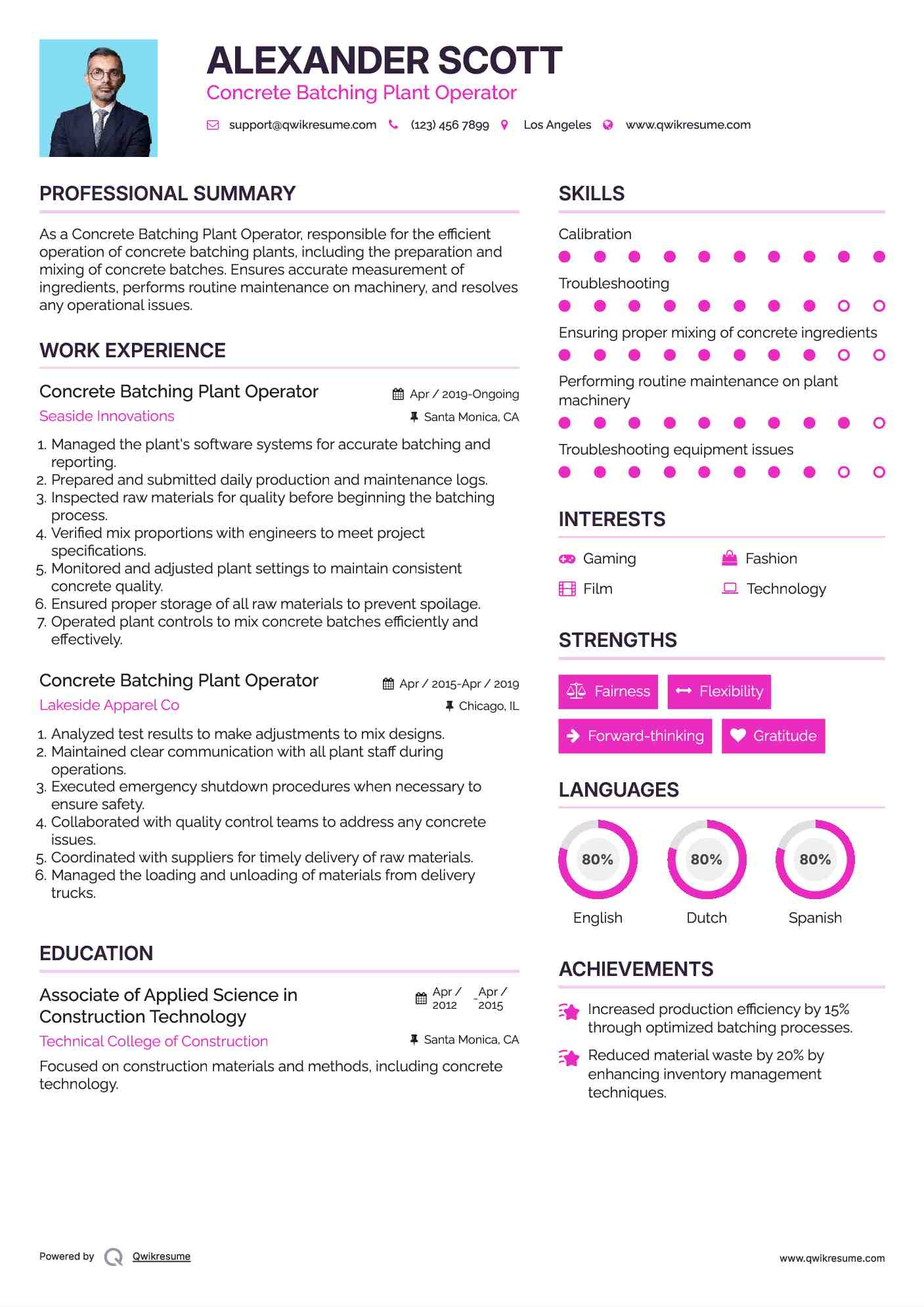 Concrete Batching Plant Operator Resume Model