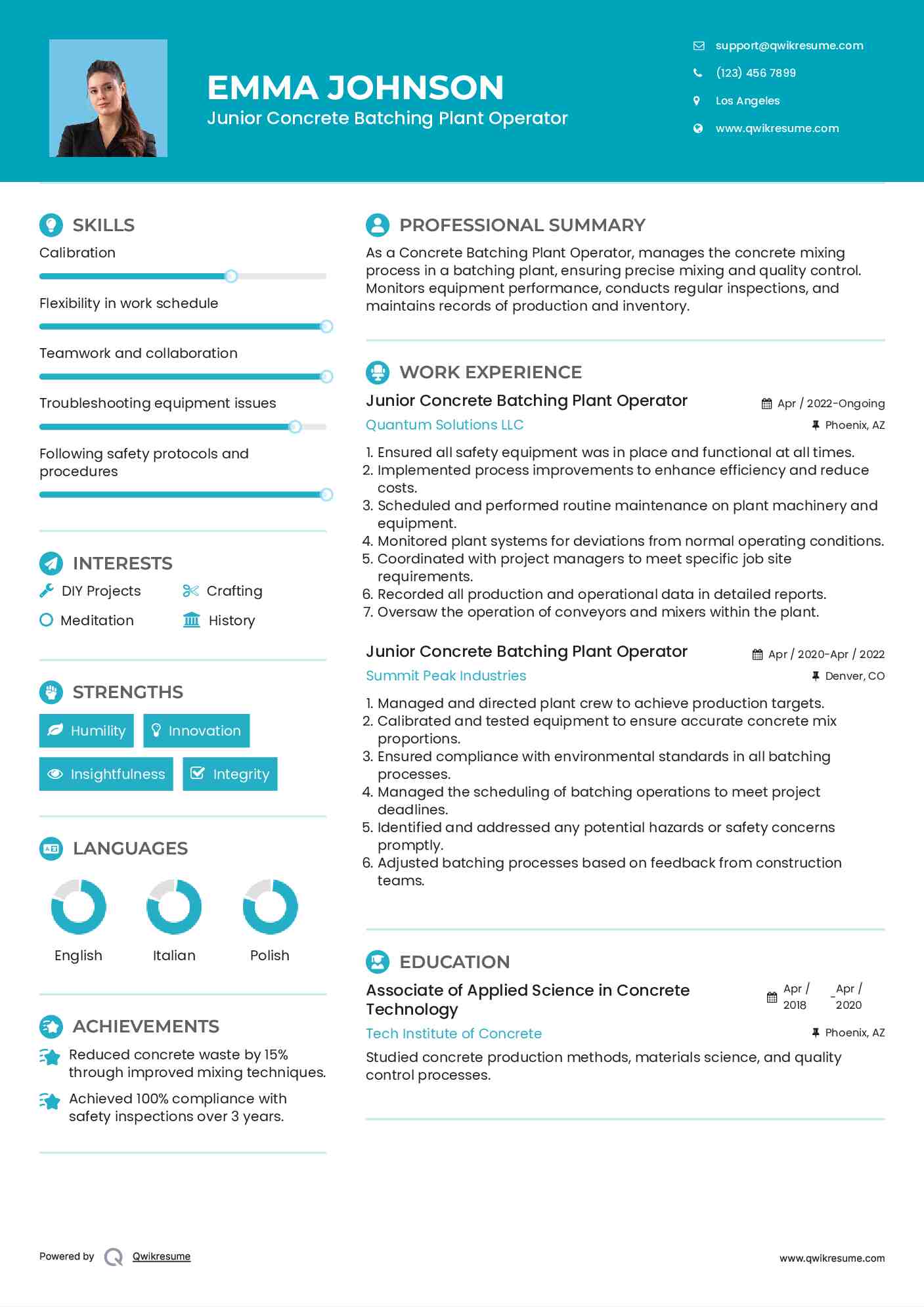 Junior Concrete Batching Plant Operator Resume Sample