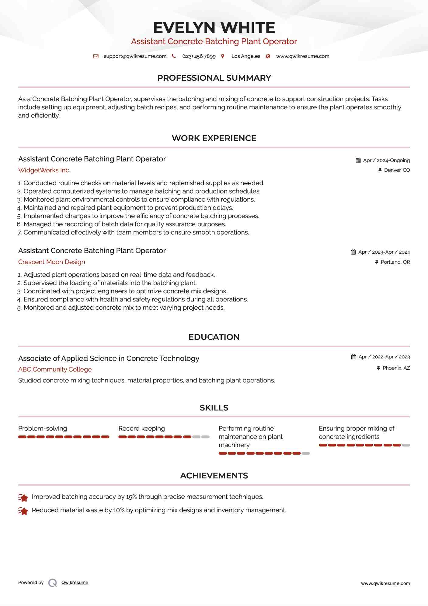 Assistant Concrete Batching Plant Operator Resume Format