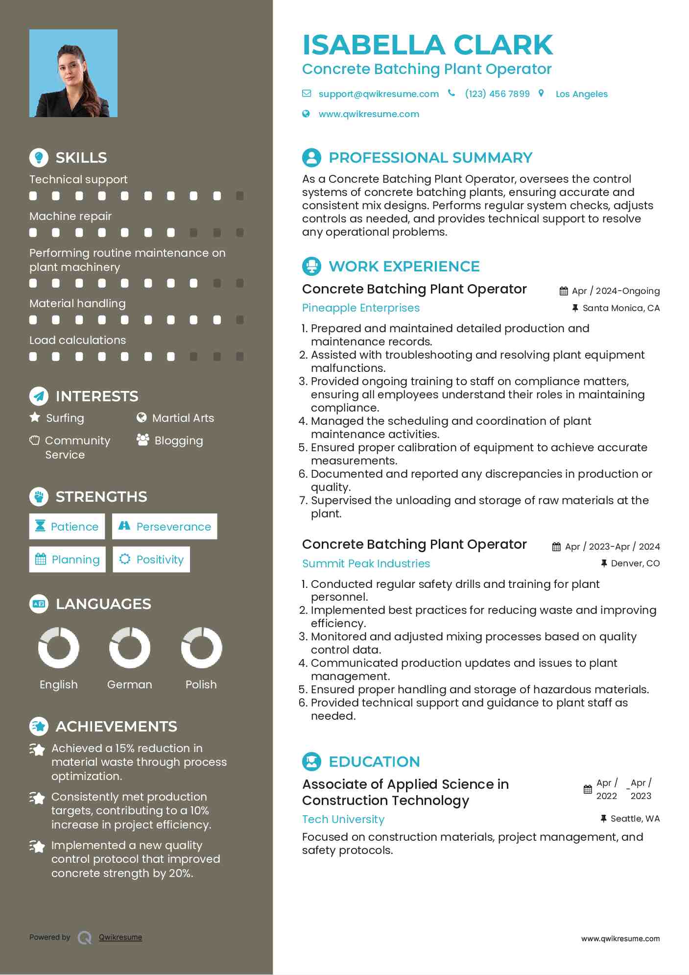 Concrete Batching Plant Operator Resume Template