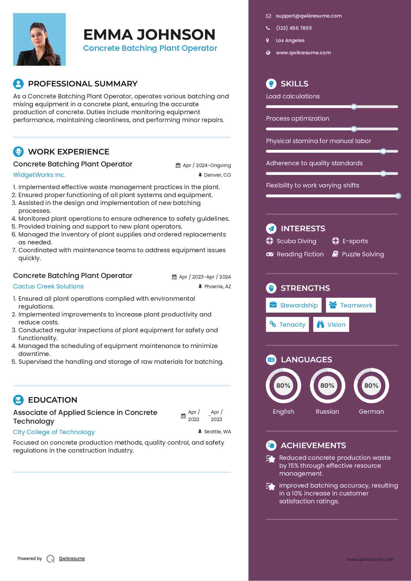 Concrete Batching Plant Operator Resume Format