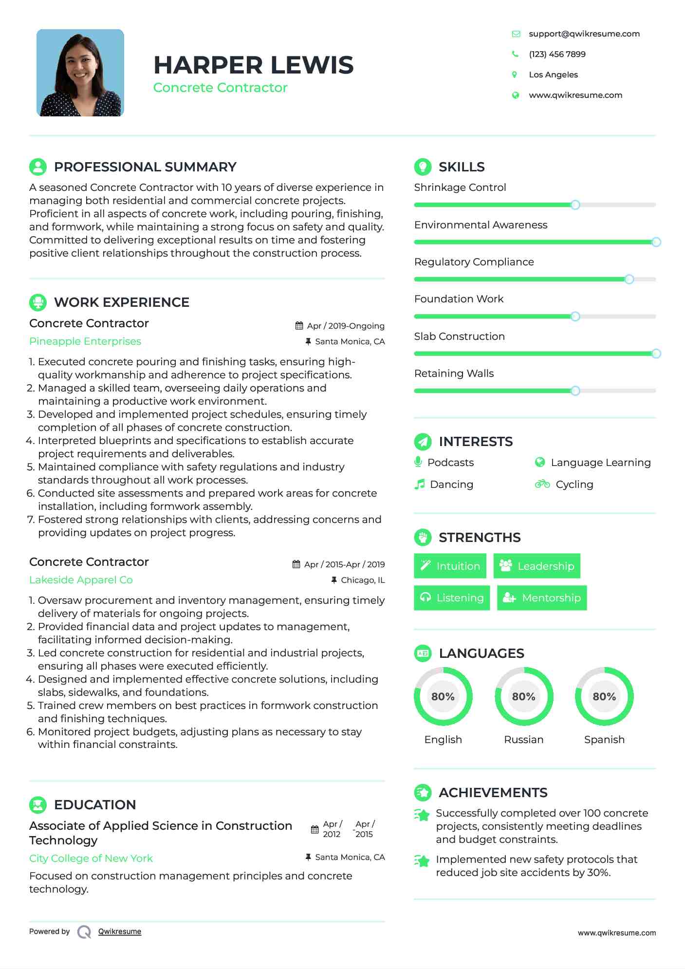 Concrete Contractor Resume Sample