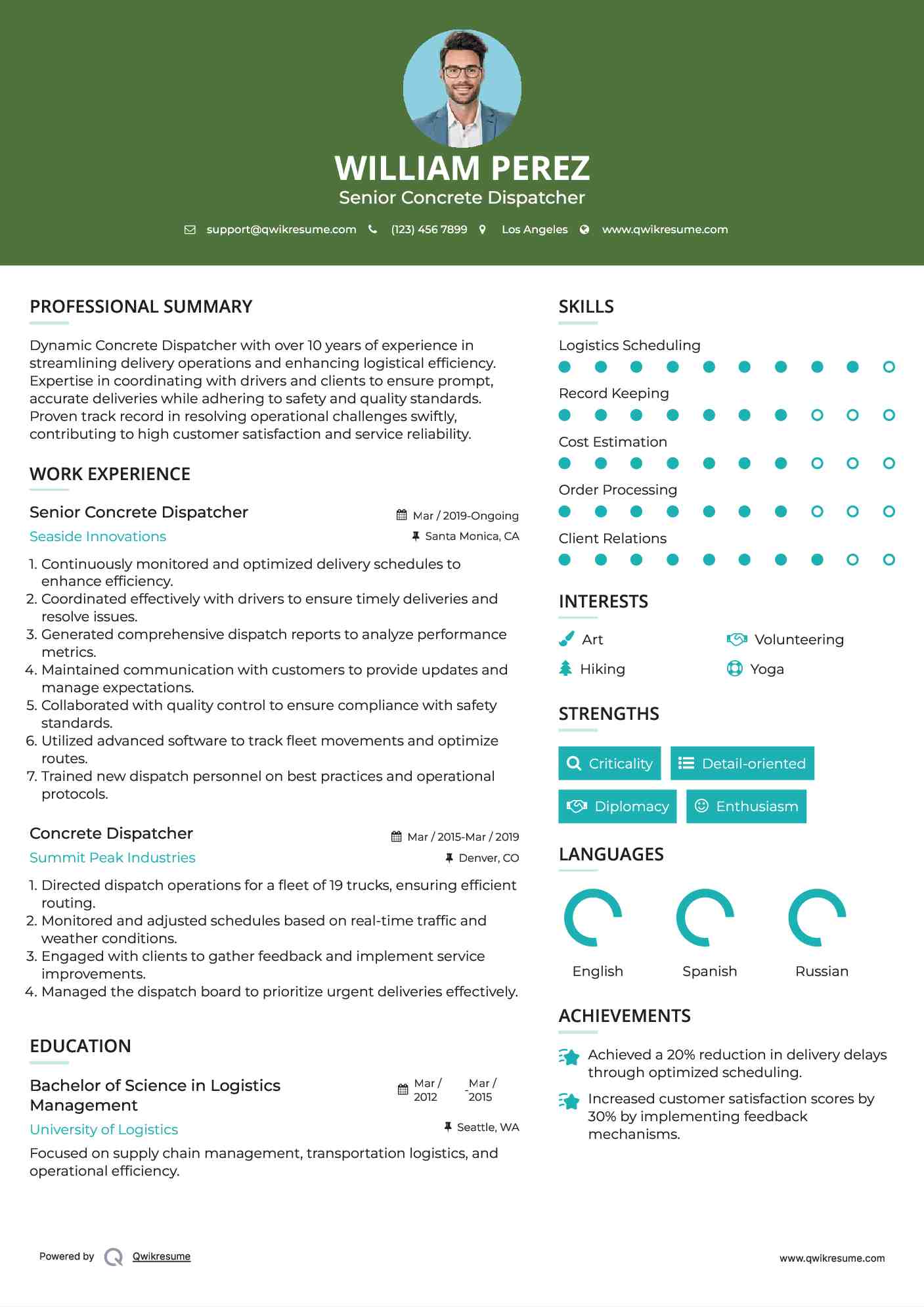 Senior Concrete Dispatcher Resume Sample