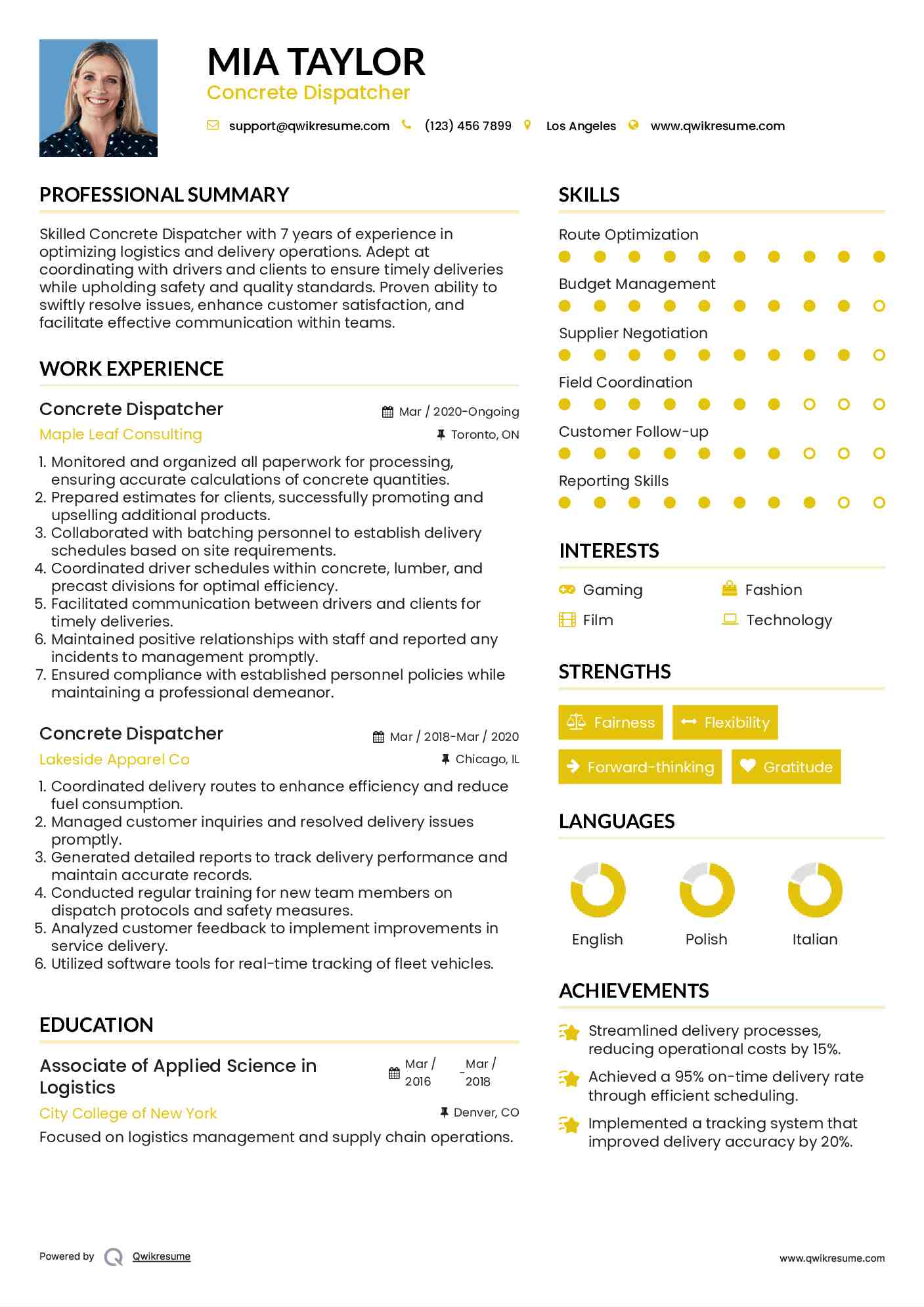 Concrete Dispatcher Resume Model