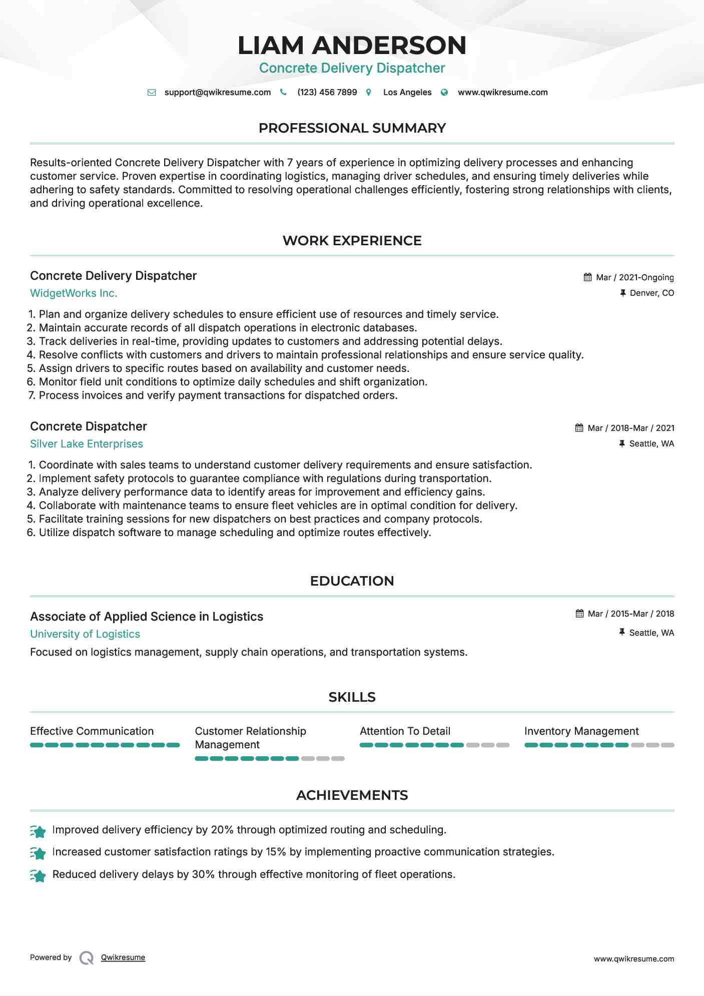Concrete Delivery Dispatcher Resume Template