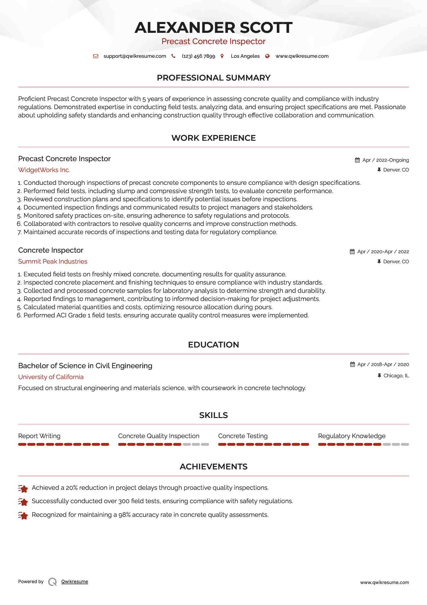 Precast Concrete Inspector Resume Template
