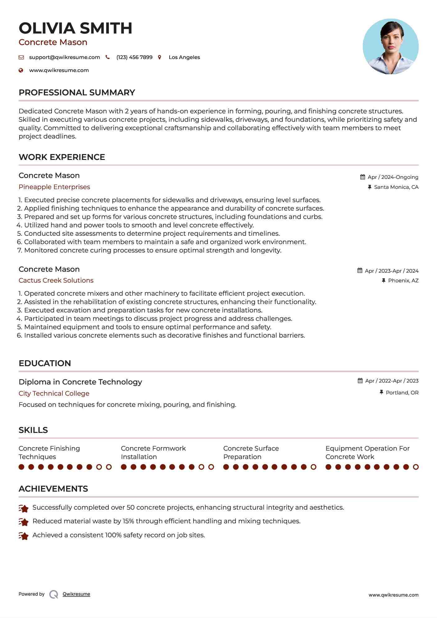 Concrete Mason Resume Example