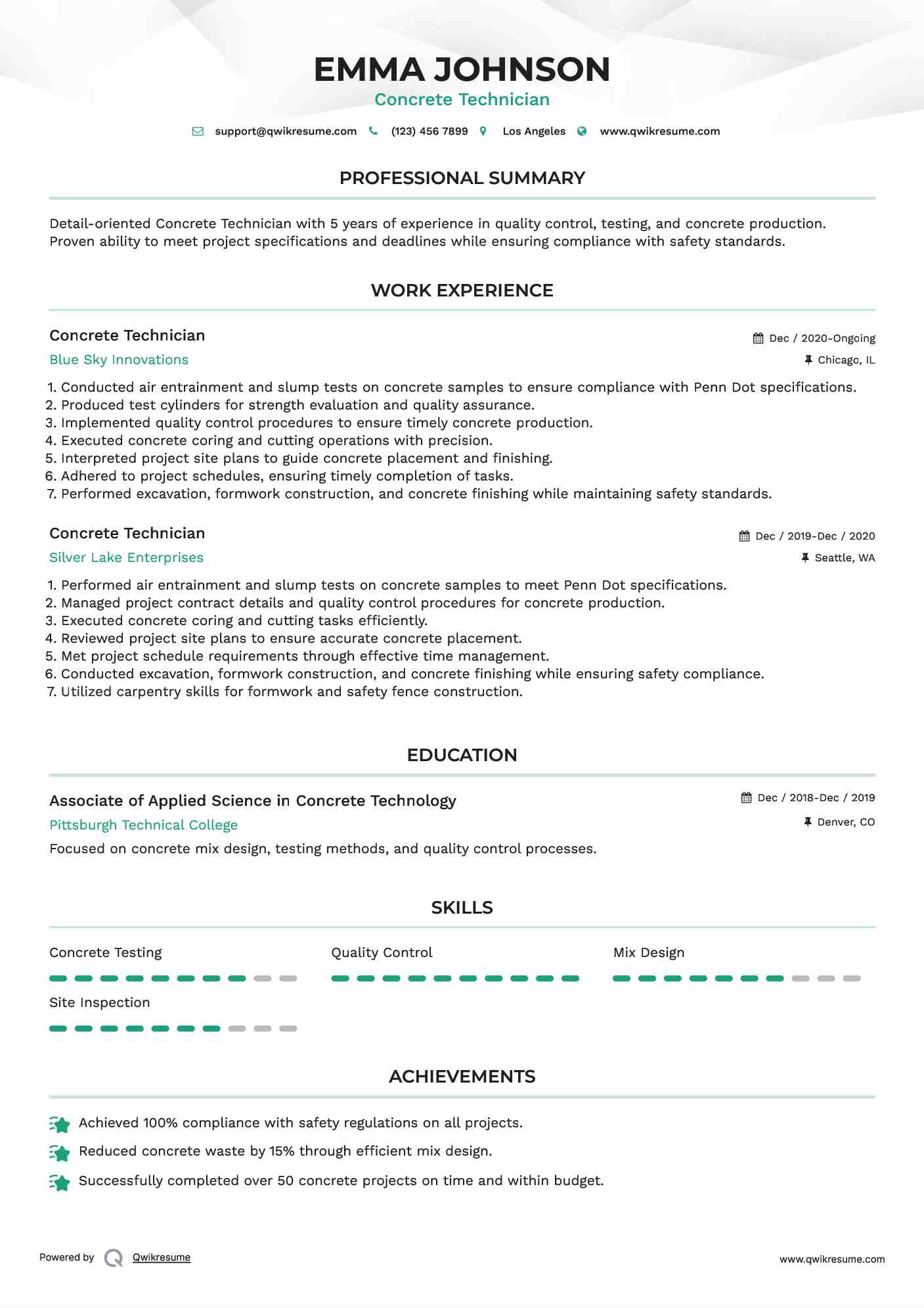 Concrete Technician Resume Template