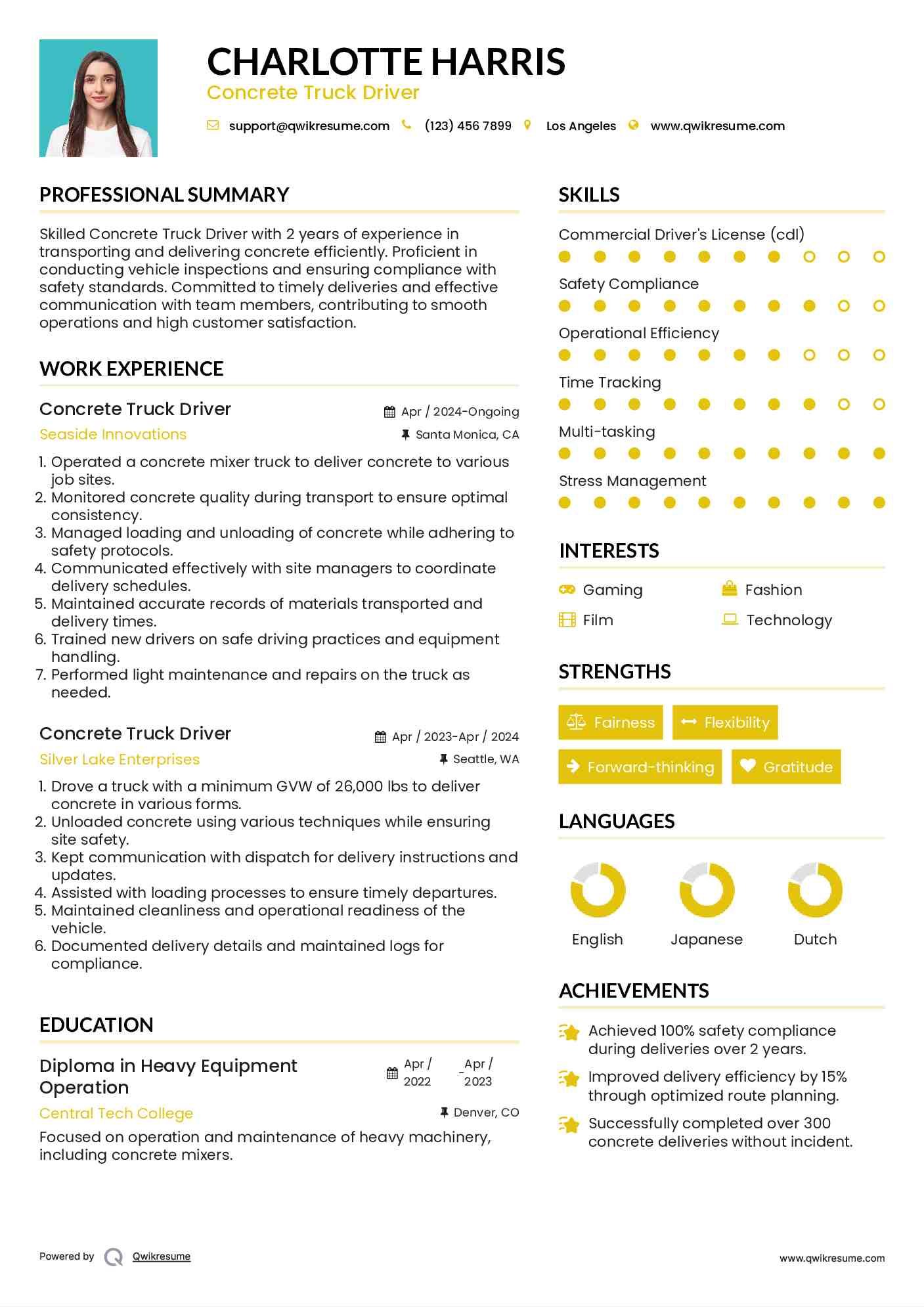 Concrete Truck Driver Resume Sample