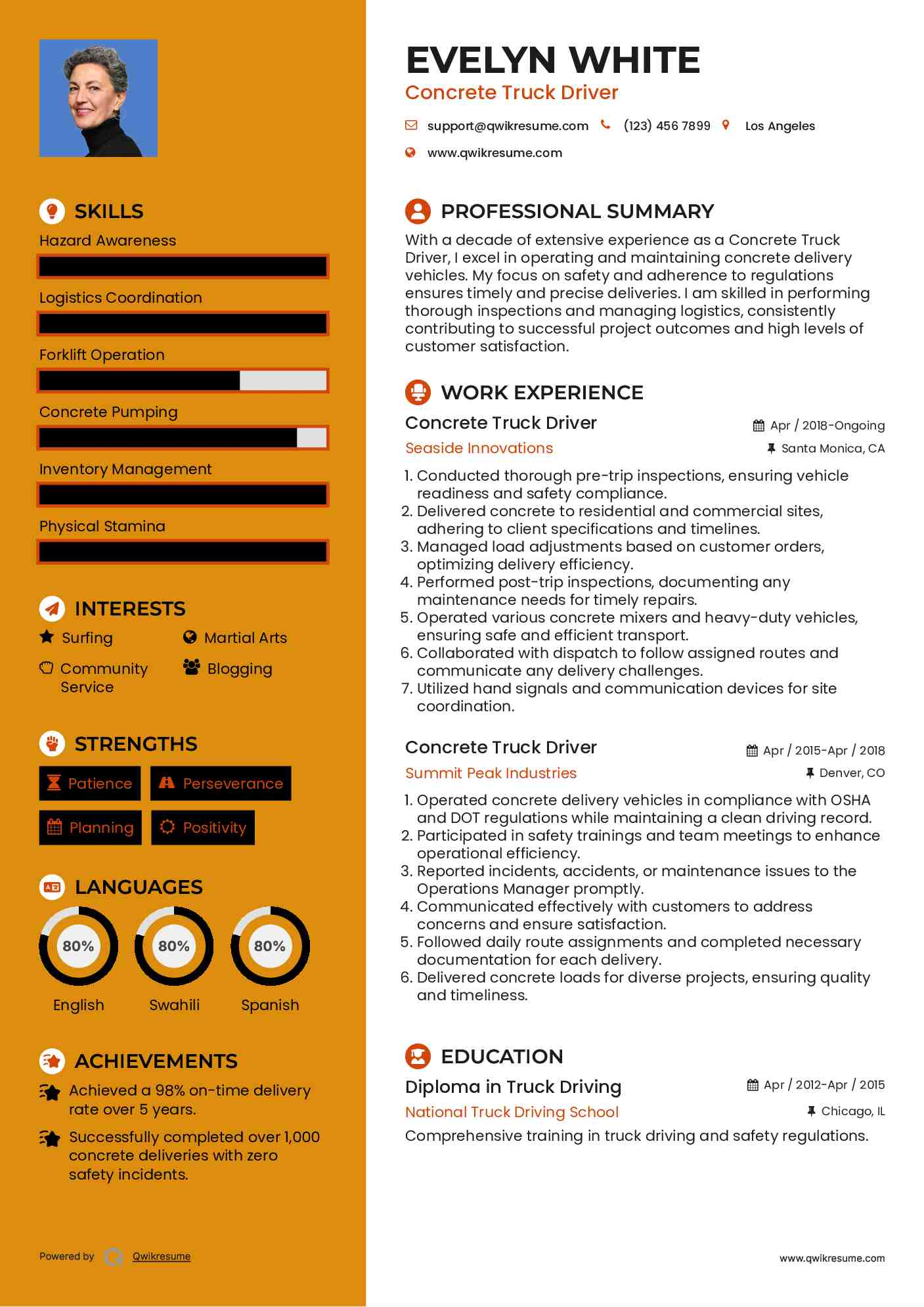 Concrete Truck Driver Resume Sample