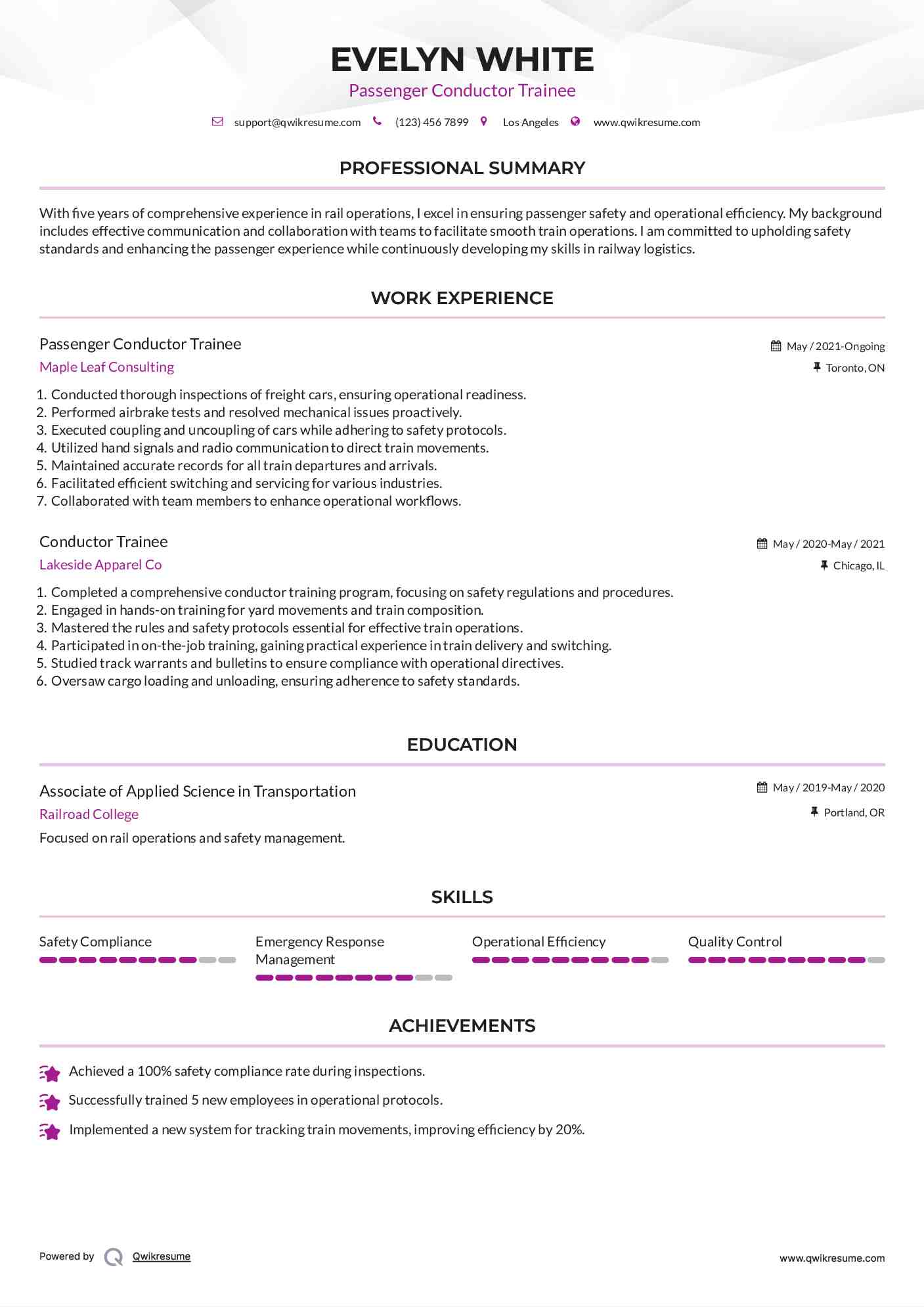 Passenger Conductor Trainee Resume Sample