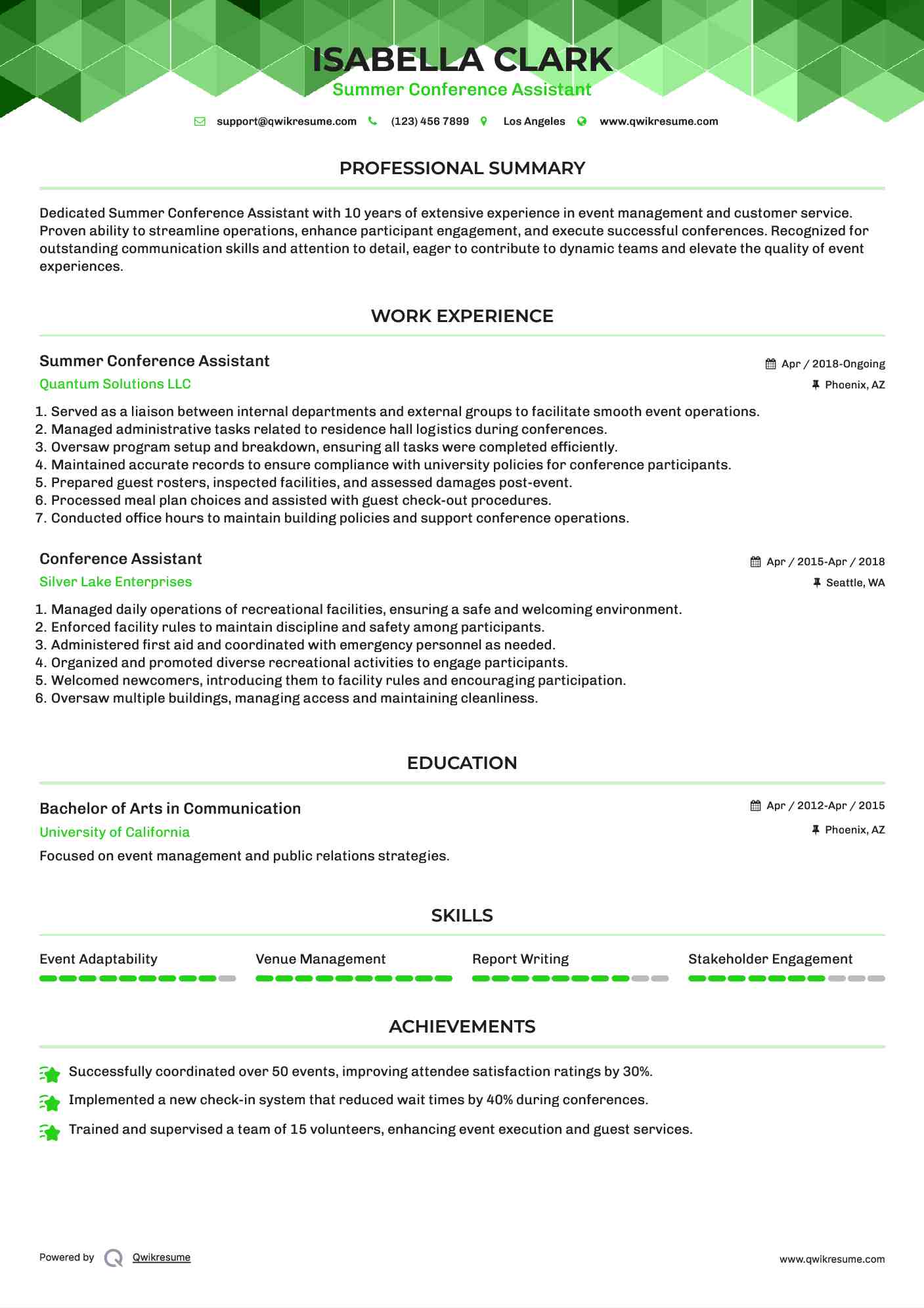 Summer Conference Assistant
 Resume Format