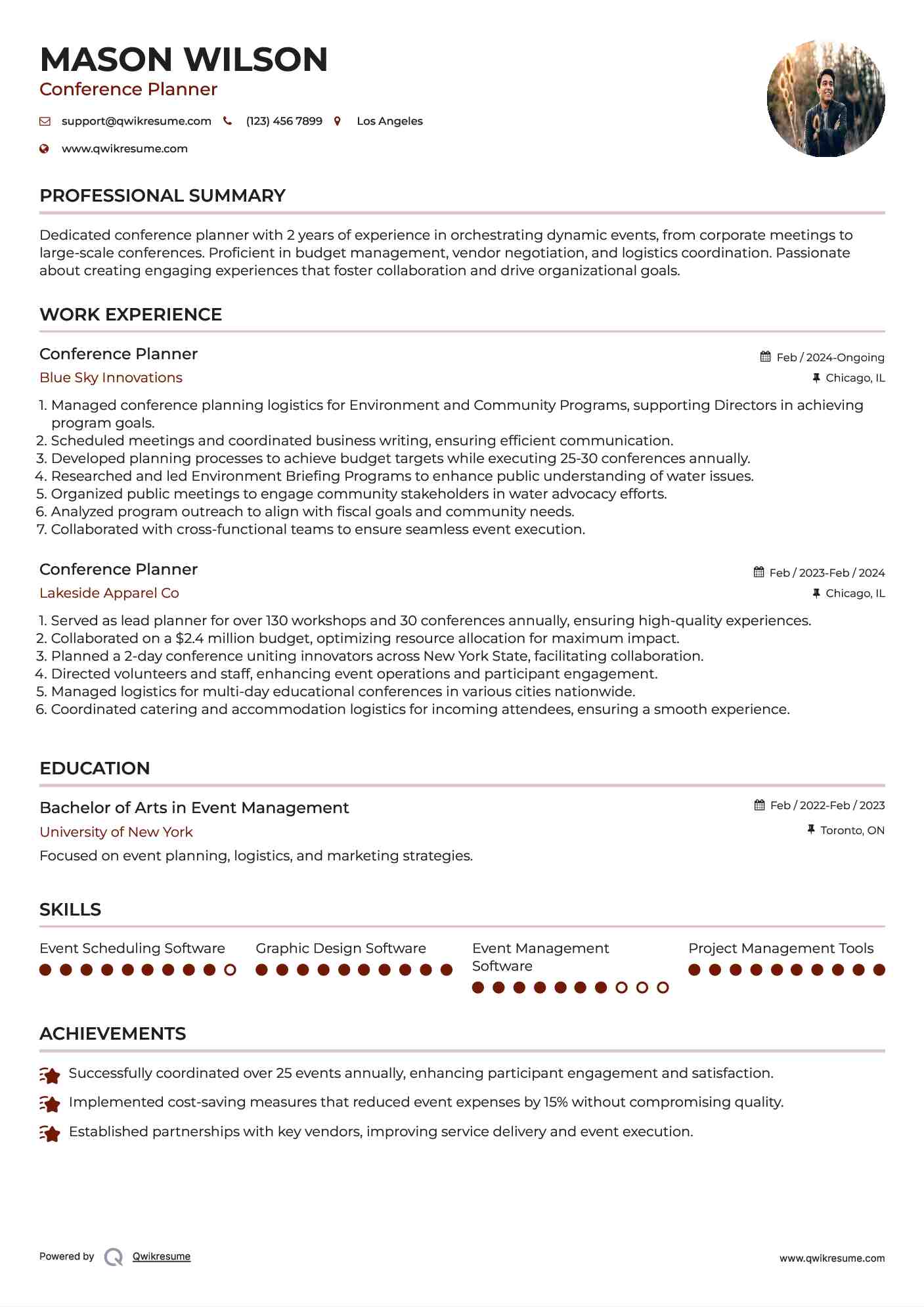 Conference Planner Resume Sample