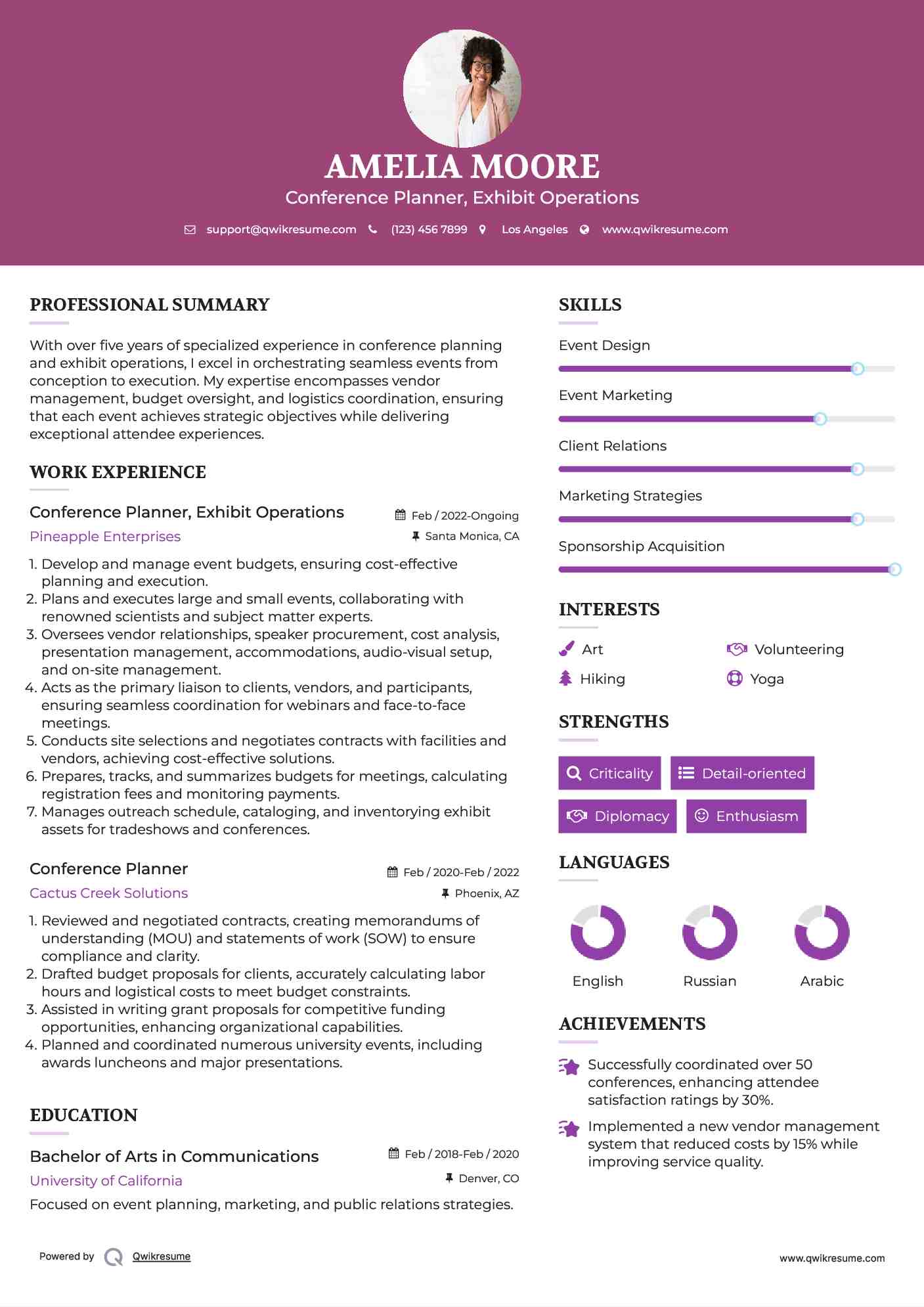 Conference Planner Resume Samples QwikResume