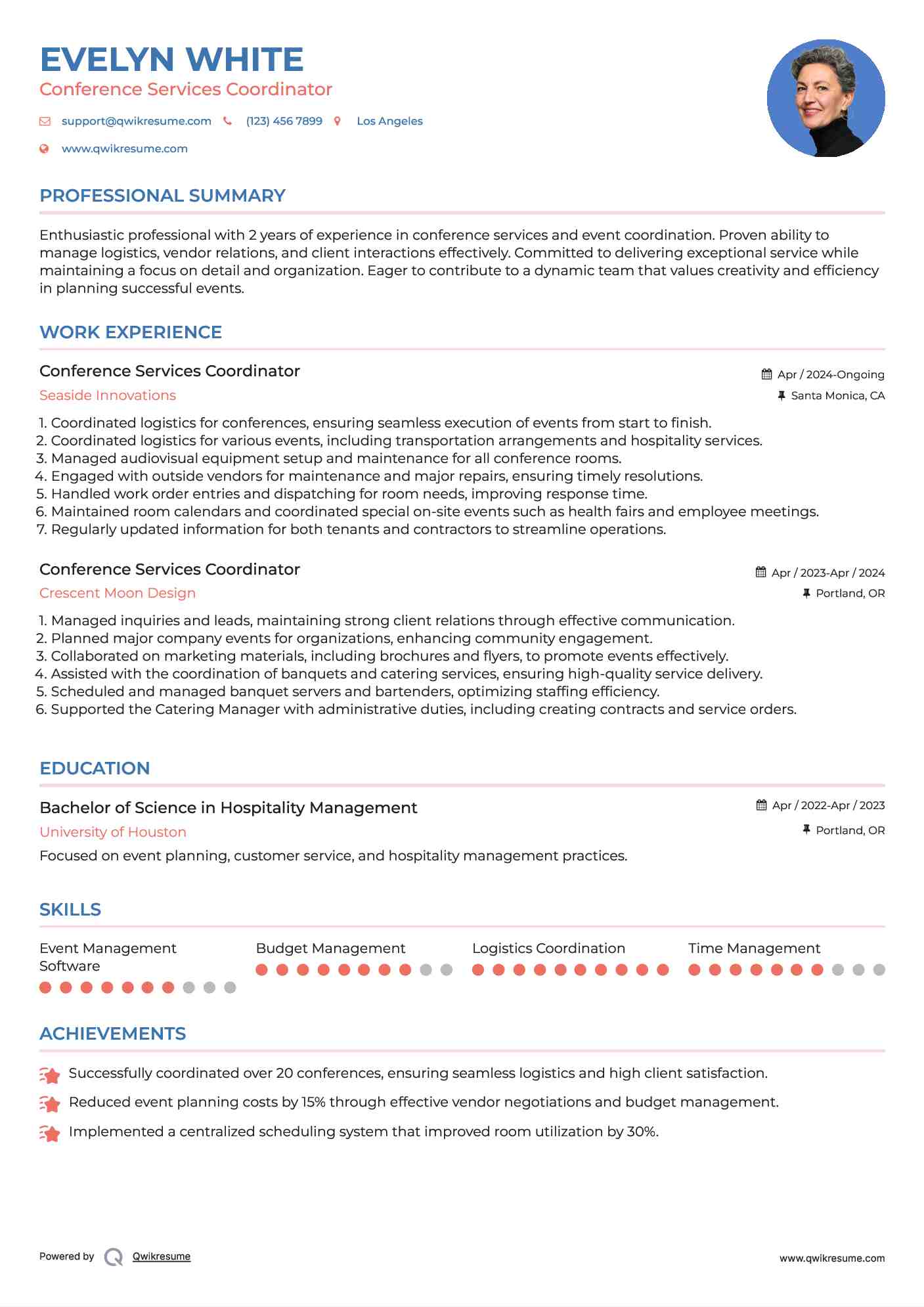 Conference Services Coordinator Resume Sample