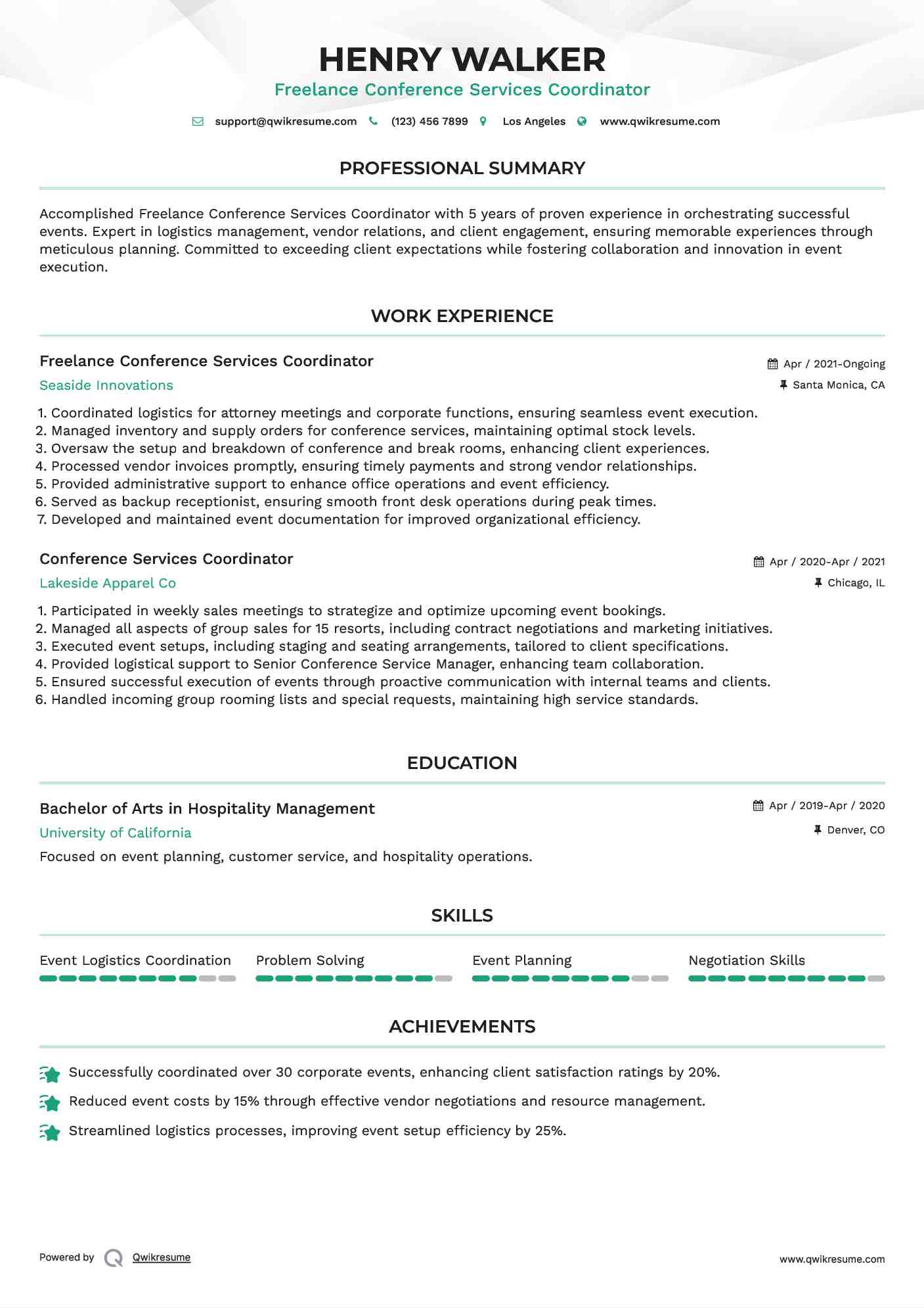 Freelance Conference Services Coordinator Resume Sample