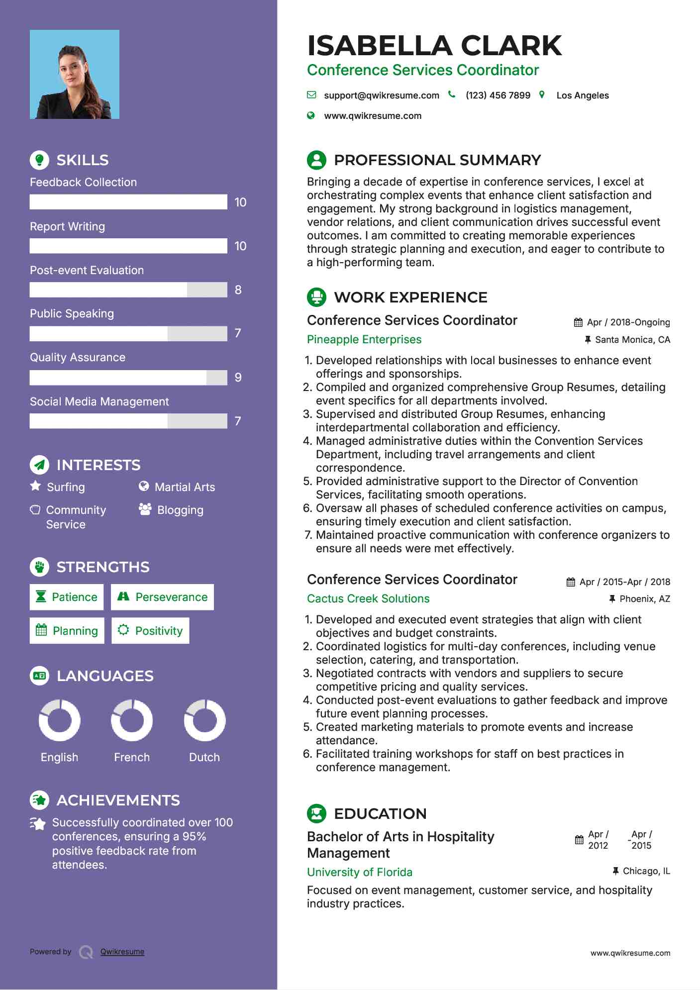 Conference Services Coordinator Resume Example