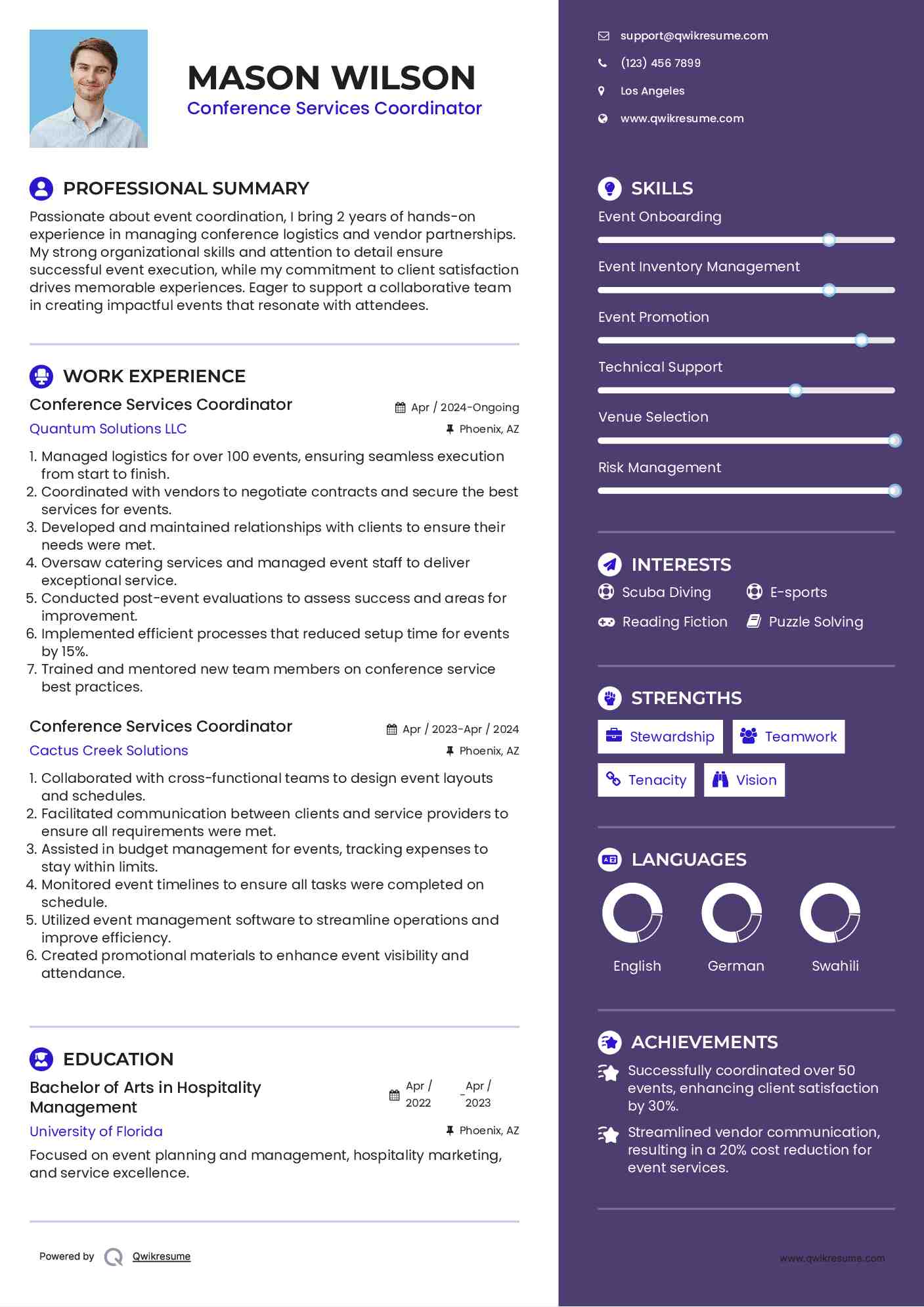 Conference Services Coordinator Resume Example