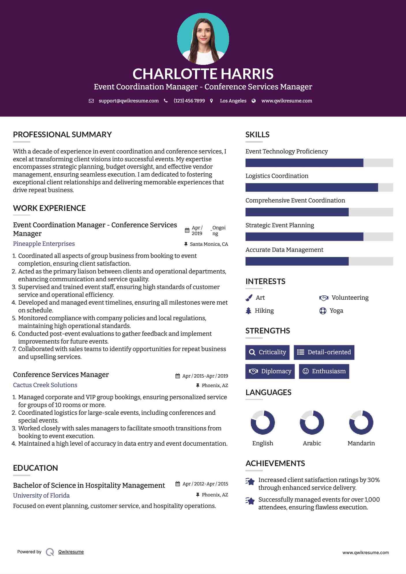 Event Coordination Manager - Conference Services Manager Resume Model