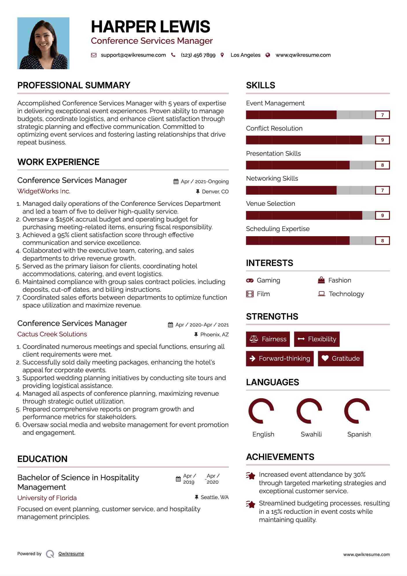 Conference Services Manager Resume Example
