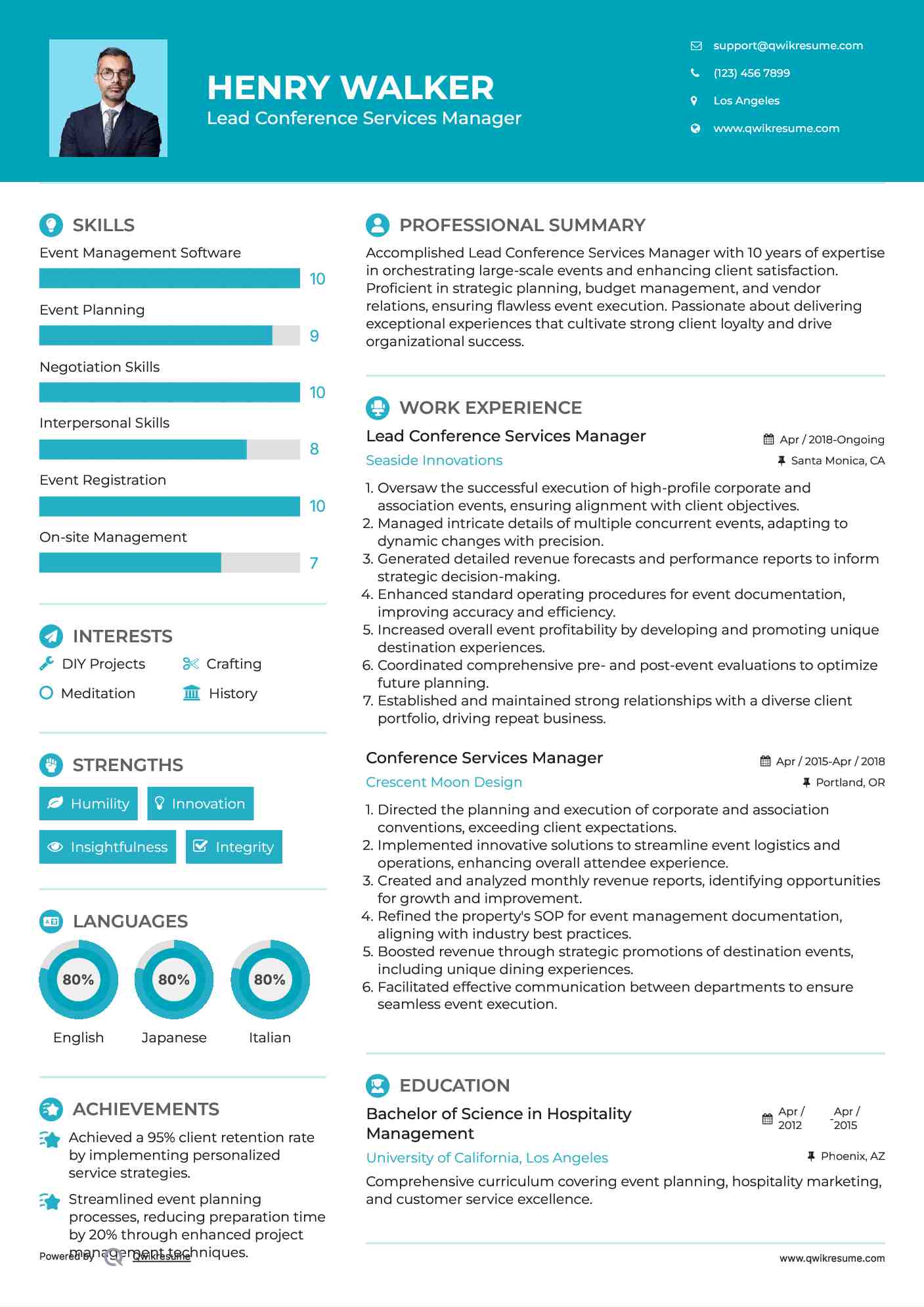 Lead Conference Services Manager Resume Example