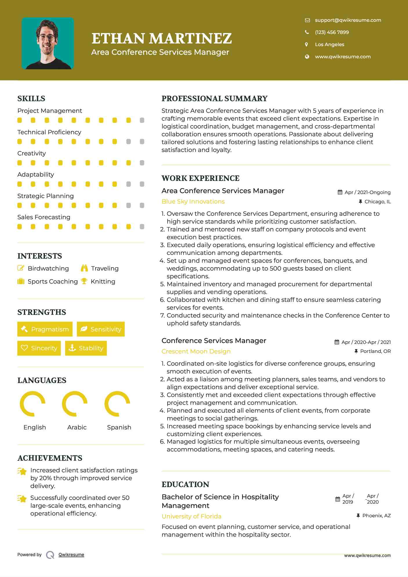 Area Conference Services Manager Resume Example