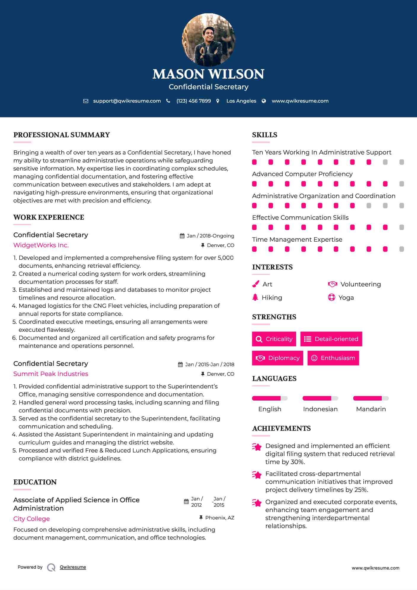 Confidential Secretary Resume Sample