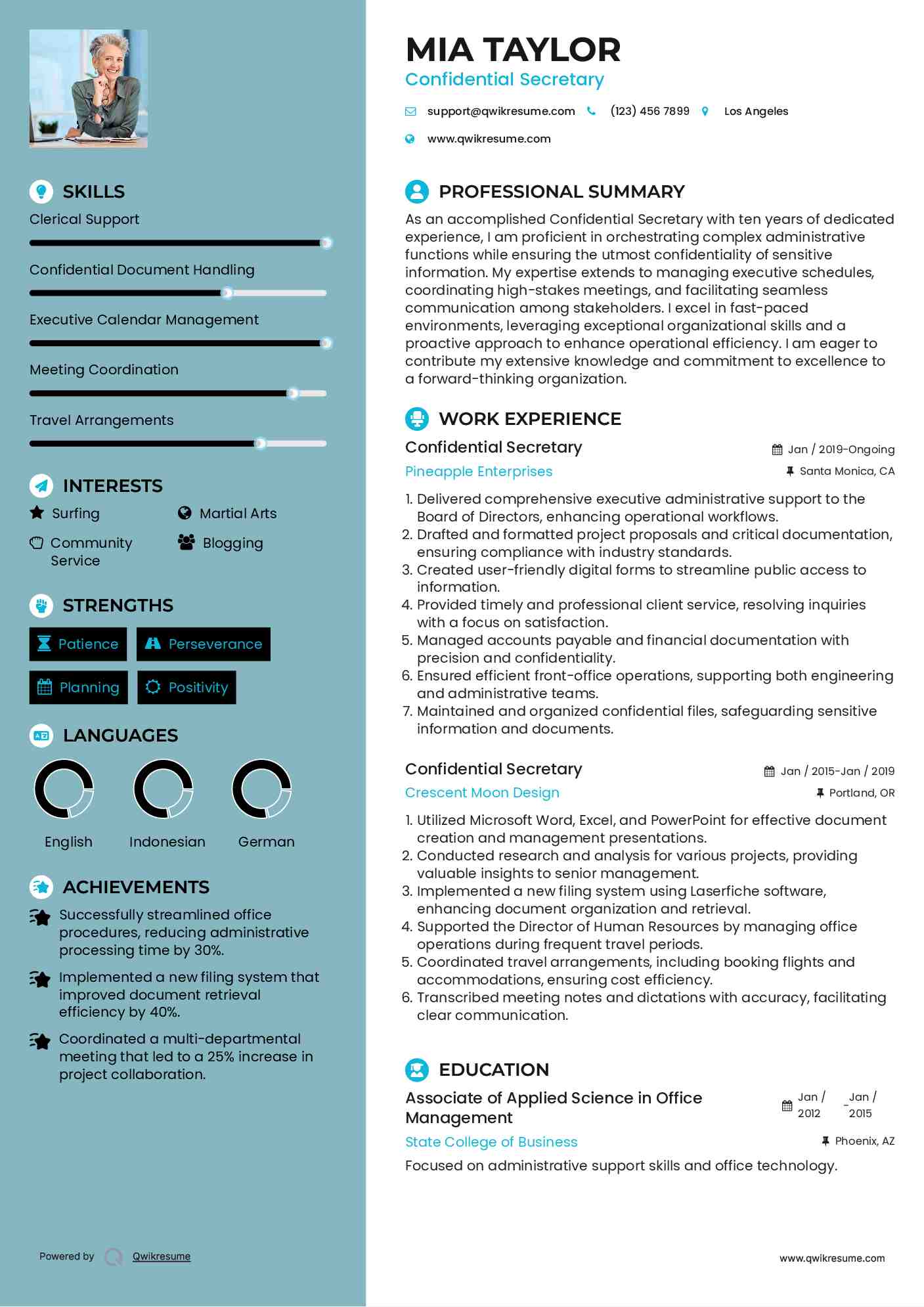 Confidential Secretary Resume Example