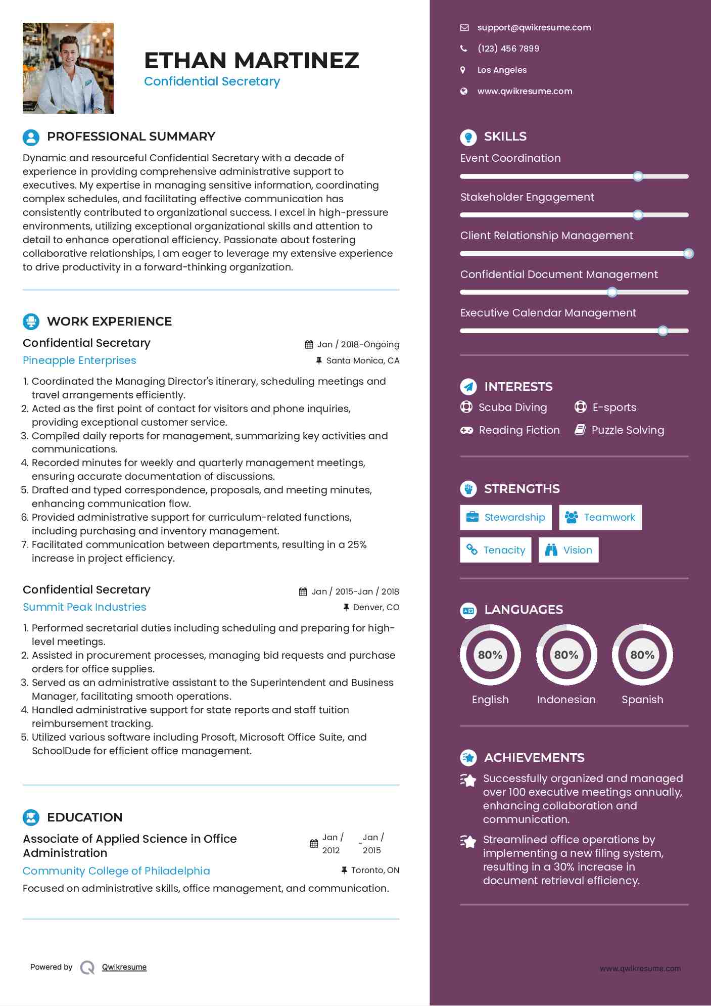Confidential Secretary Resume Template