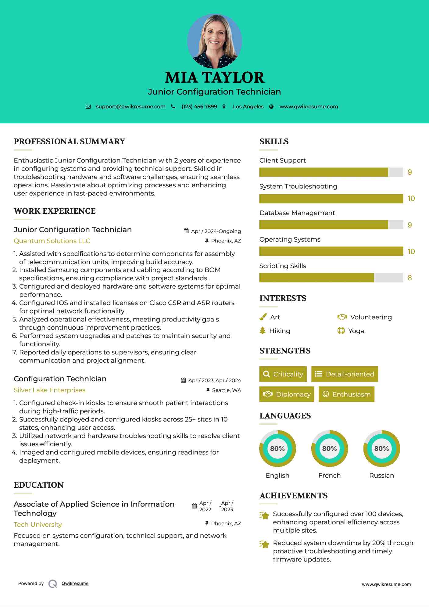 Junior Configuration Technician Resume Sample