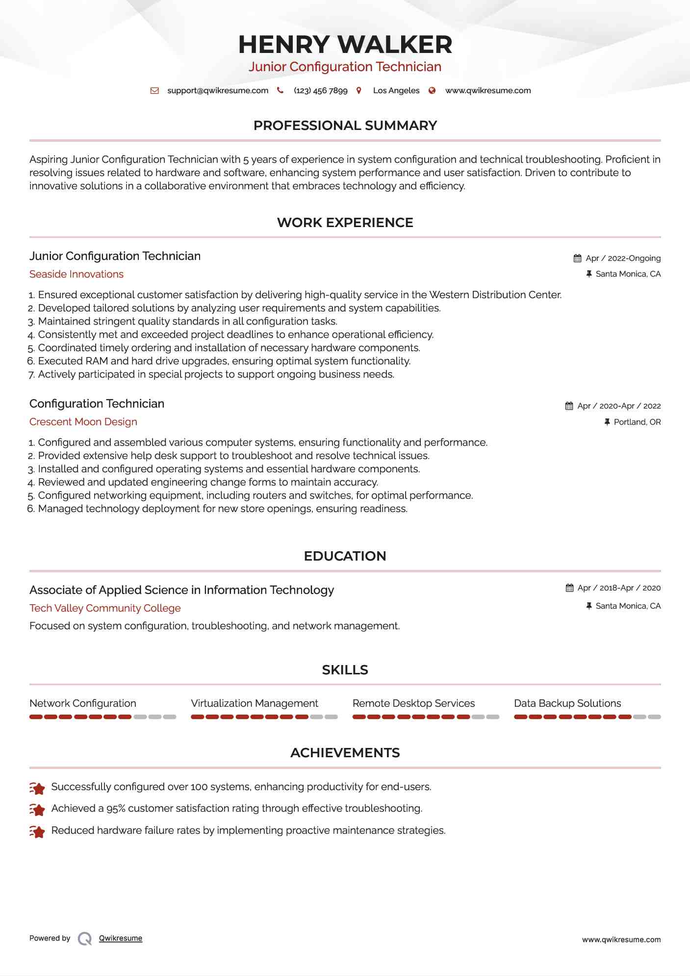 Junior Configuration Technician  Resume Example