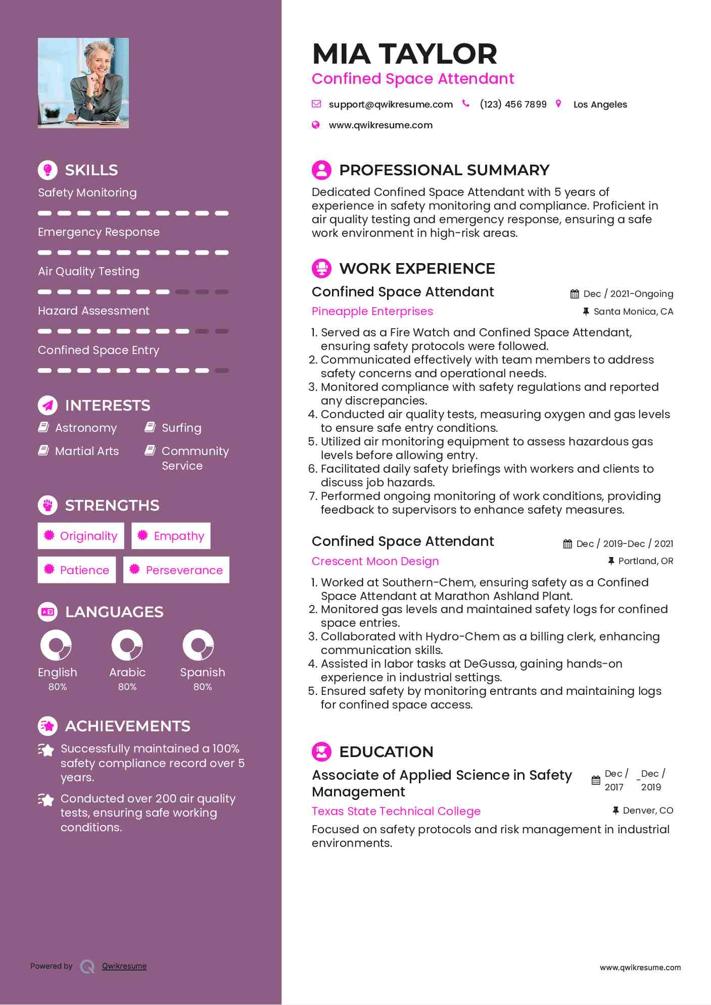 Confined Space Attendant Resume Example