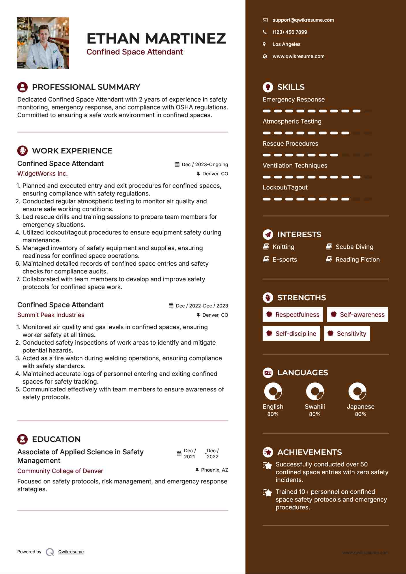 Confined Space Attendant Resume Sample