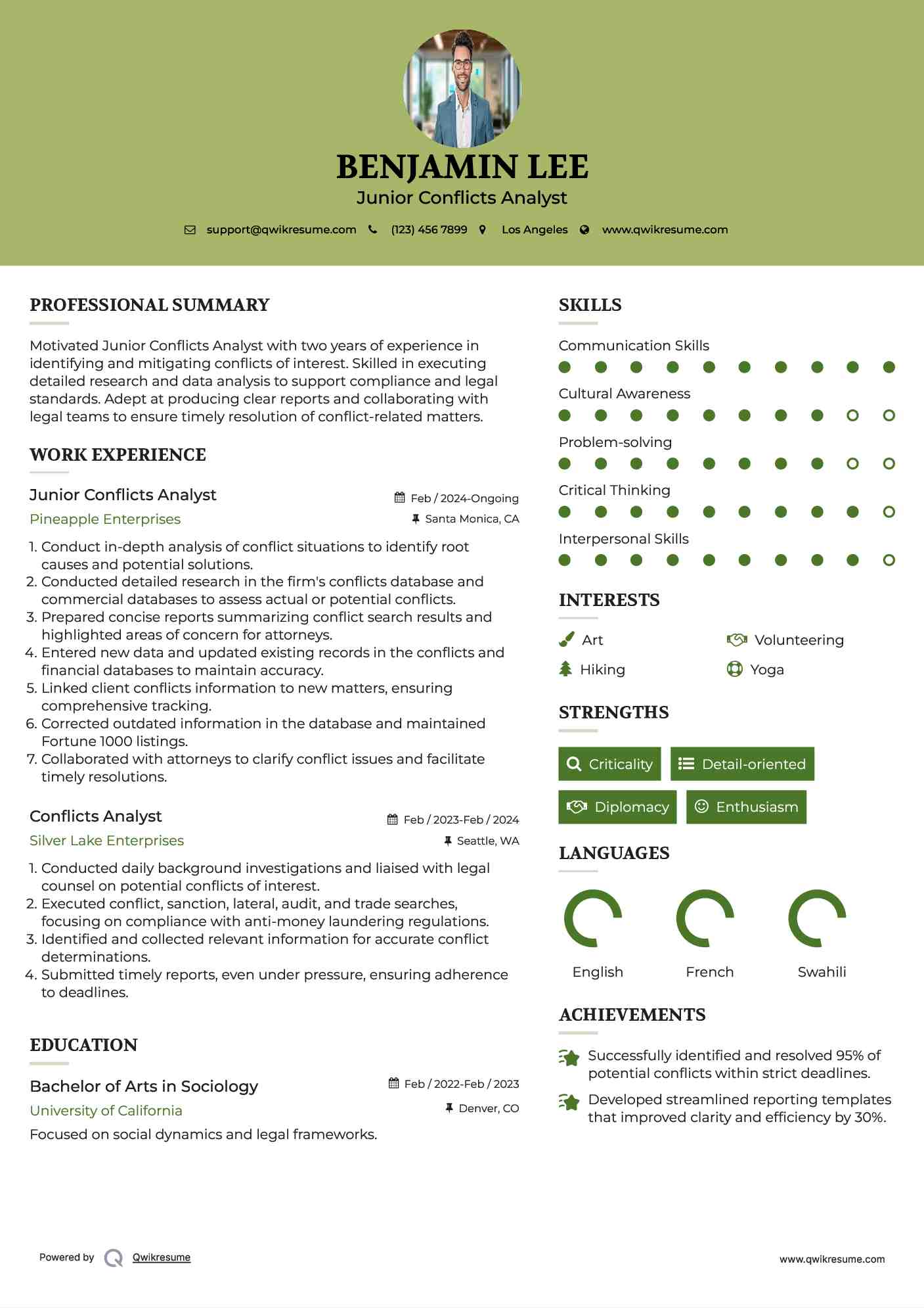 Junior Conflicts Analyst Resume Format