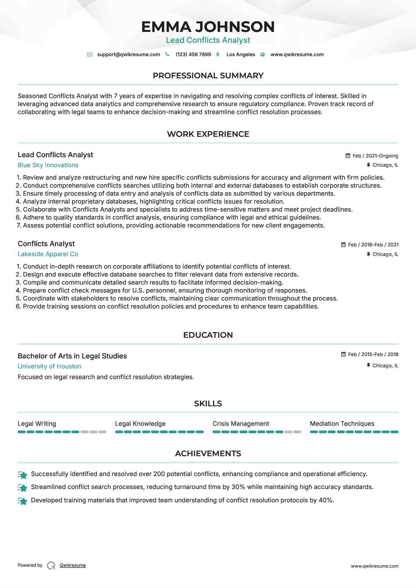 Lead Conflicts Analyst Resume Sample