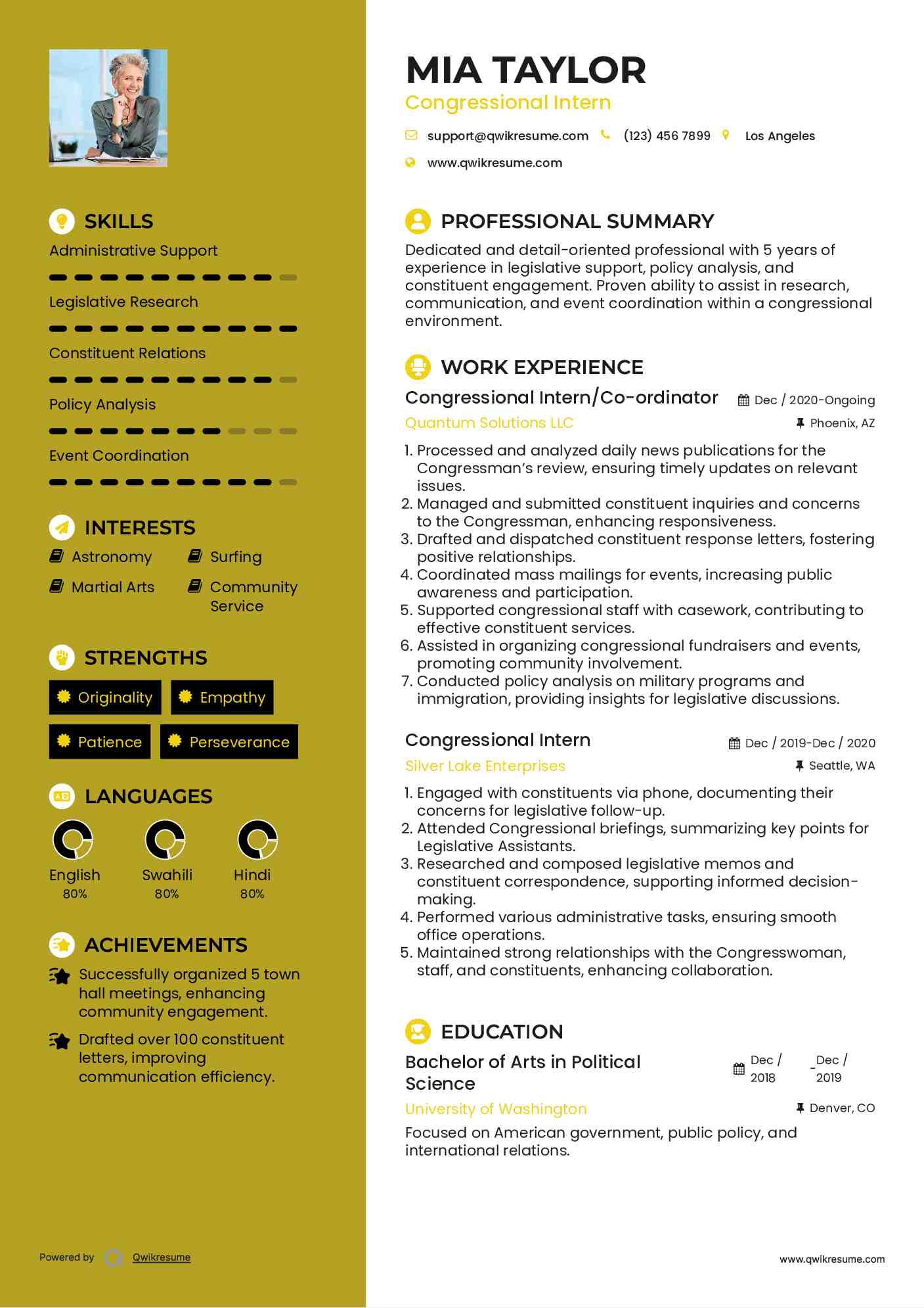 Congressional Intern/Co-ordinator Resume Template