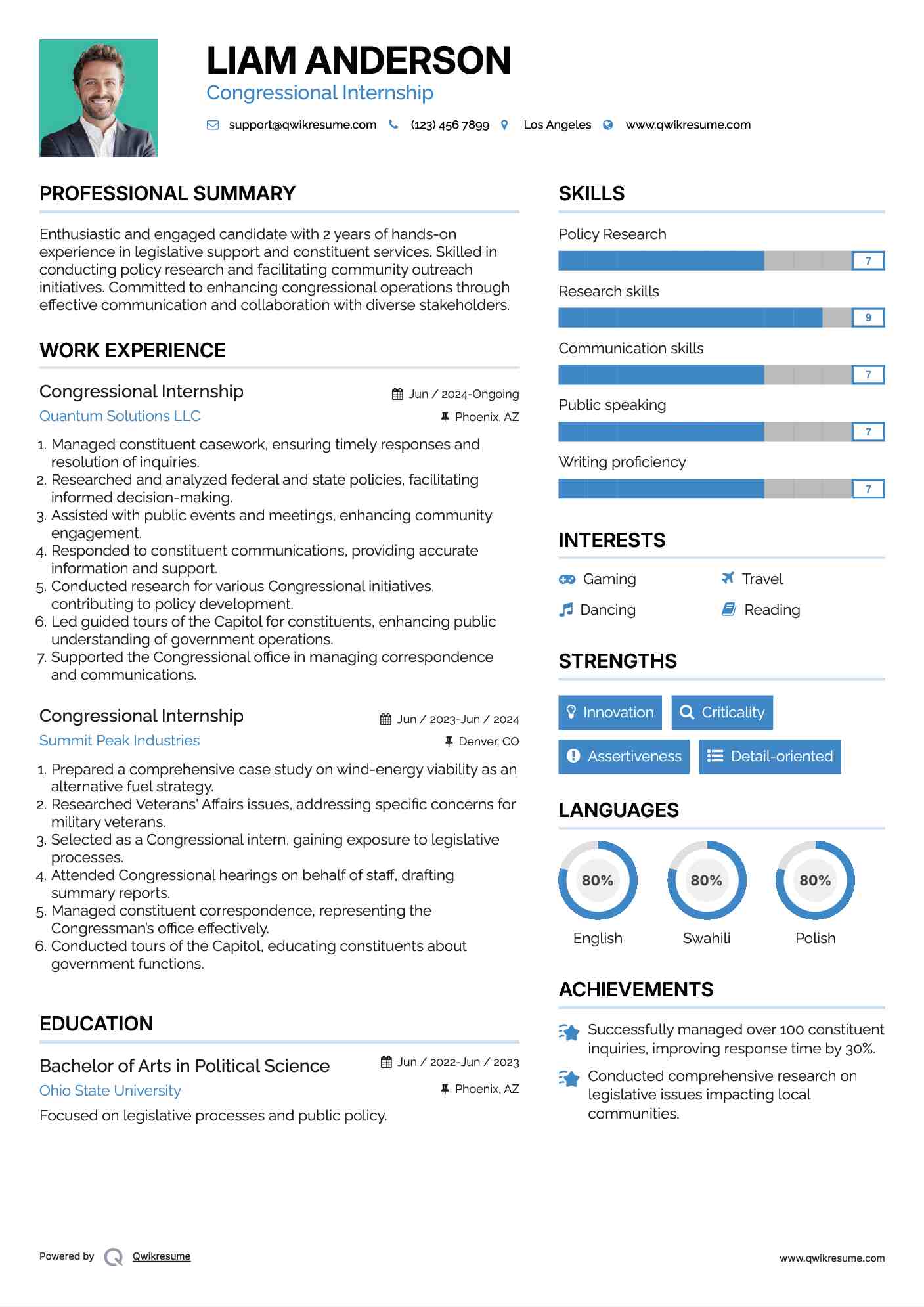 Congressional Internship Resume Sample