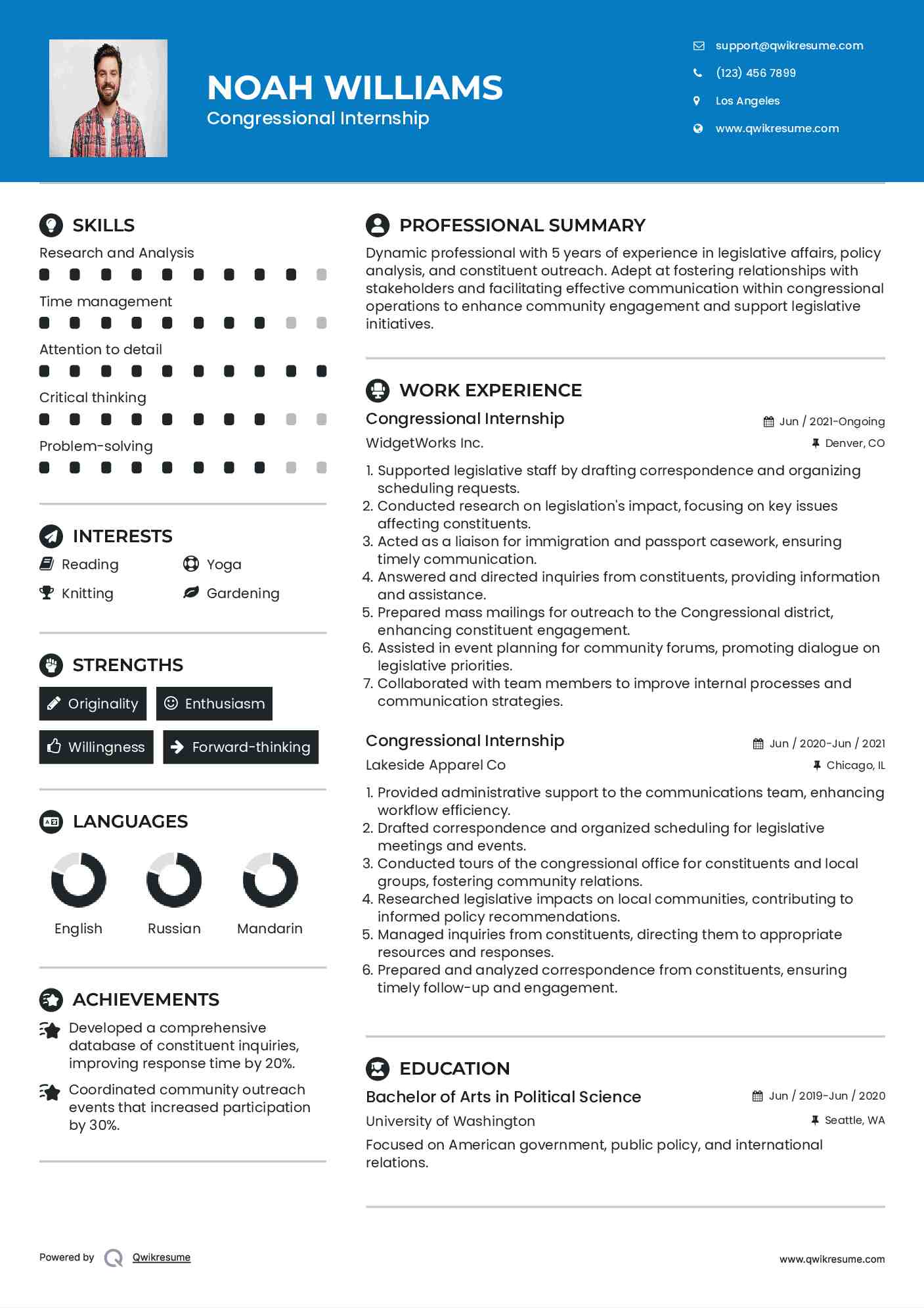 Congressional Internship Resume Model