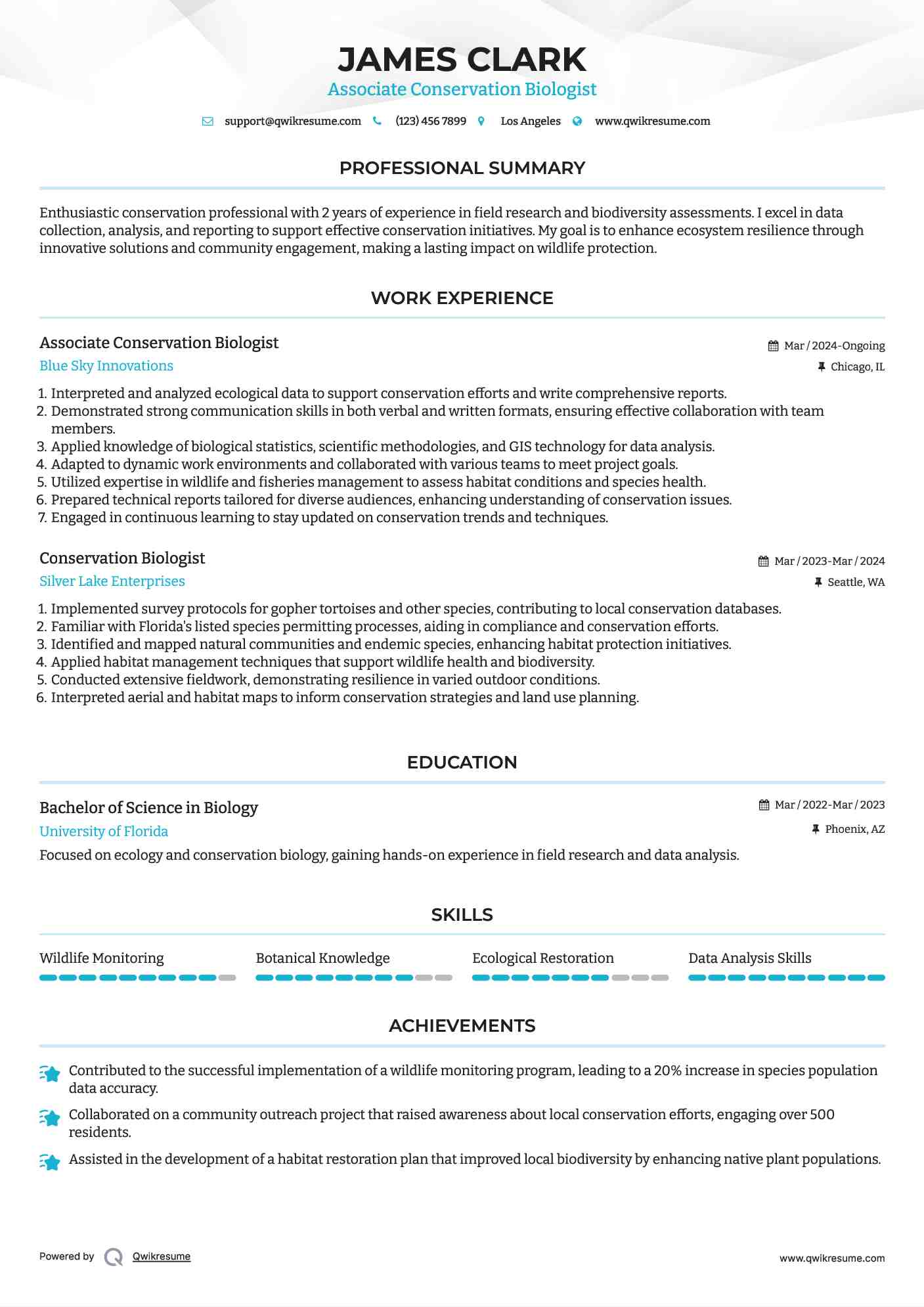Associate Conservation Biologist Resume Template
