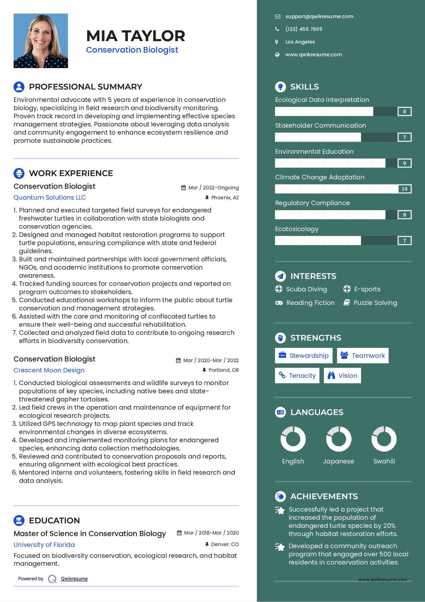 Conservation Biologist Resume Sample