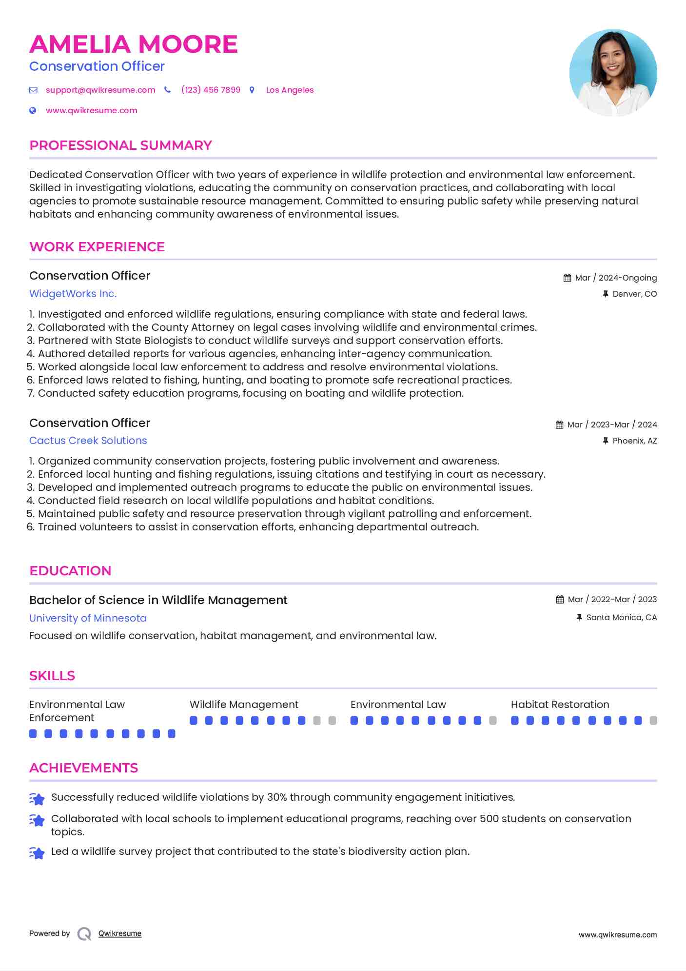 Conservation Officer Resume Sample