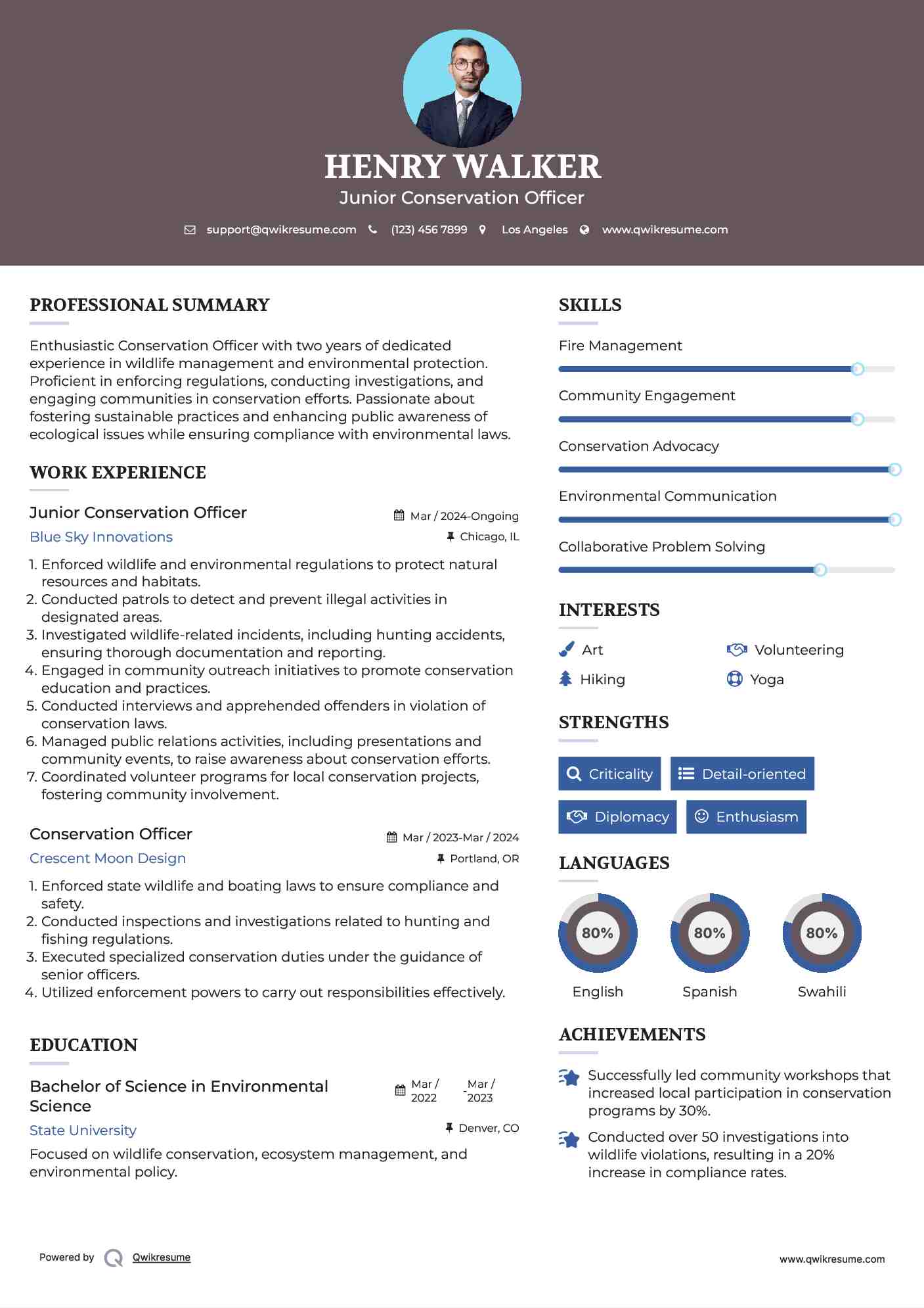 Junior Conservation Officer Resume Example