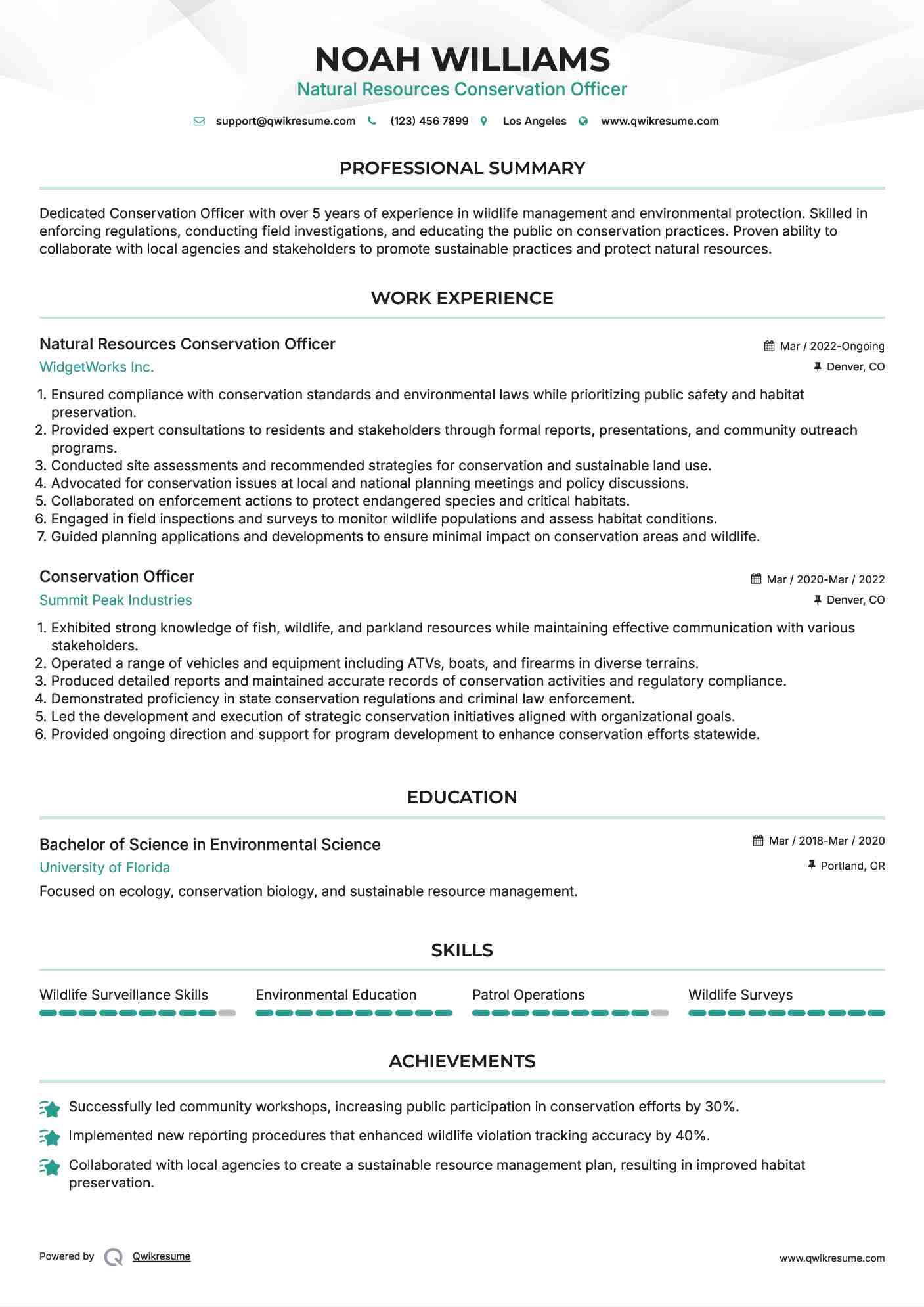 Natural Resources Conservation Officer
 Resume Model