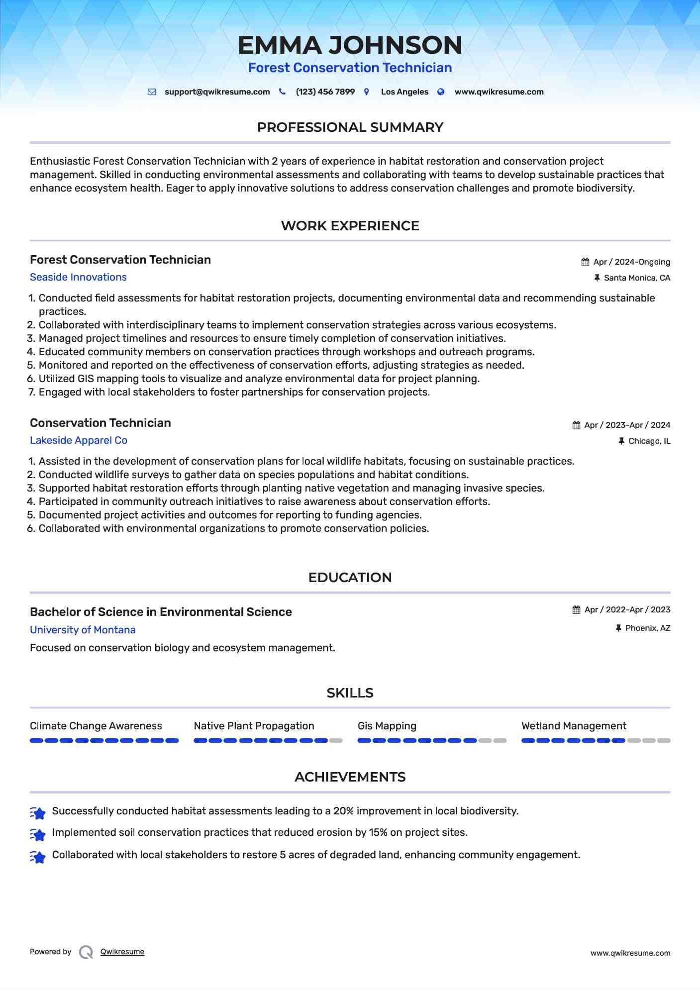 Forest Conservation Technician Resume Format