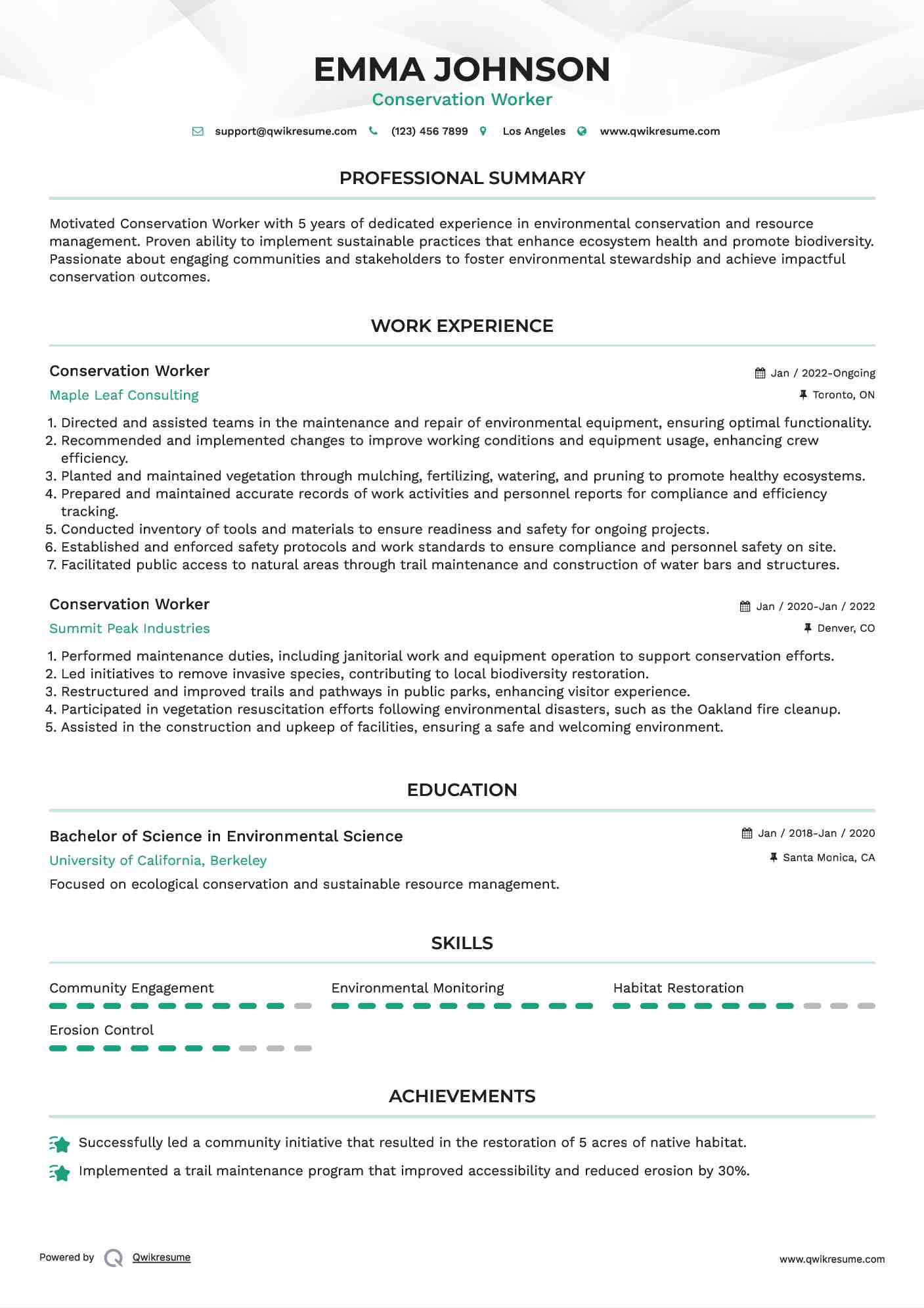 Conservation Worker Resume Template
